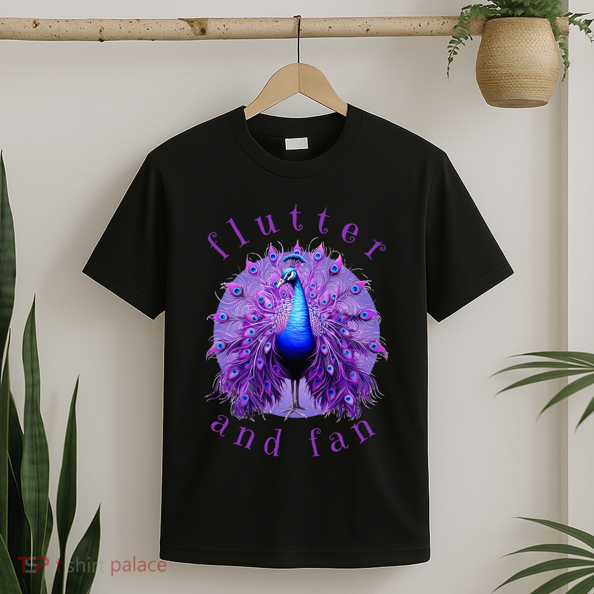 Flutter and Fan apparel peacock on glowing moon T-Shirt