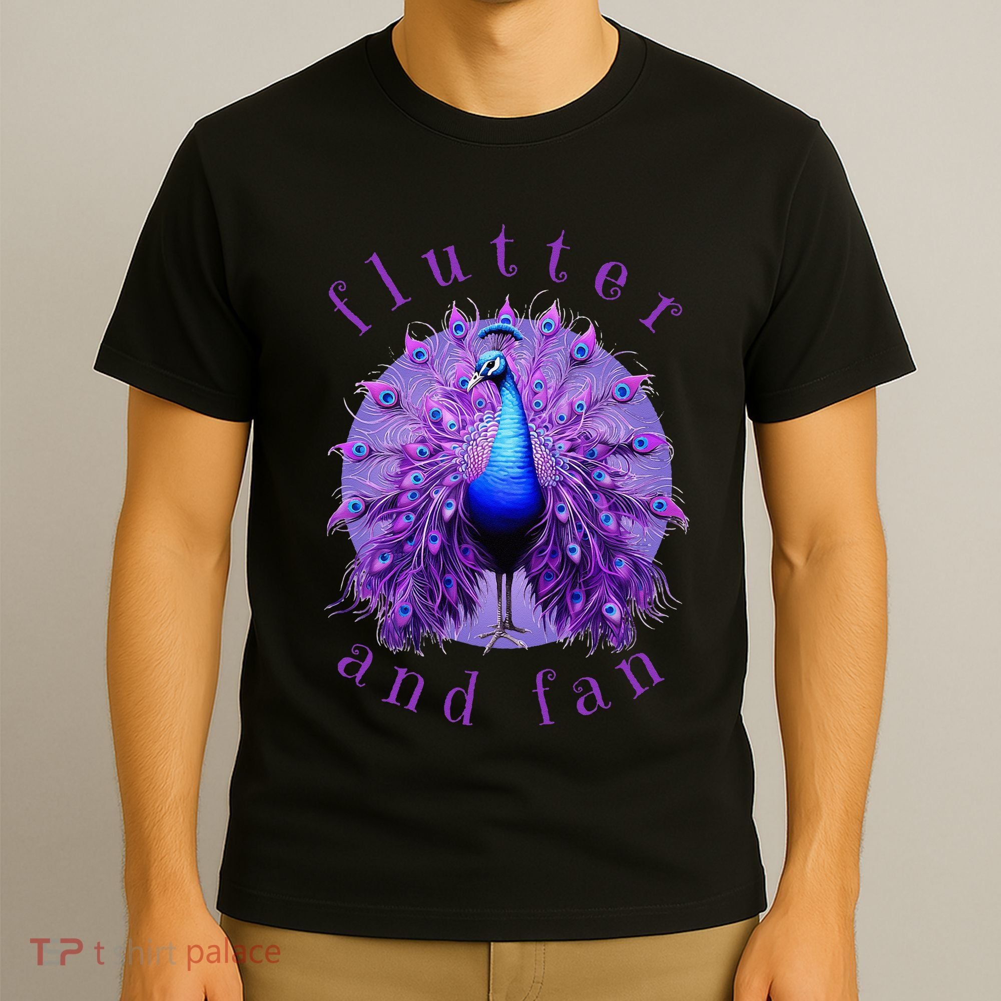 Flutter and Fan apparel peacock on glowing moon T-Shirt