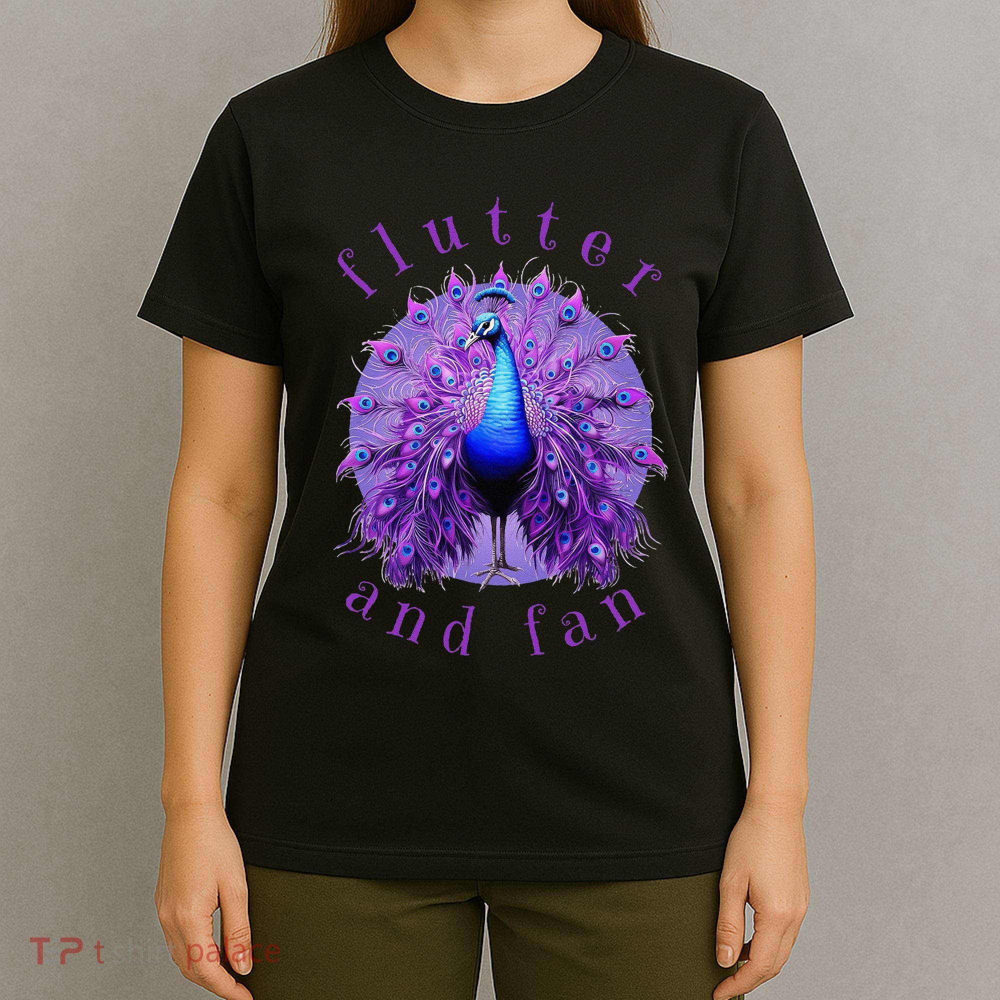 Flutter and Fan apparel peacock on glowing moon T-Shirt