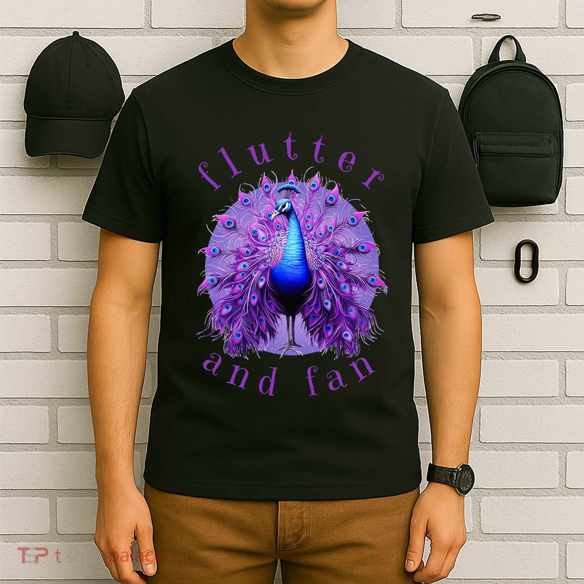 Flutter and Fan apparel peacock on glowing moon T-Shirt