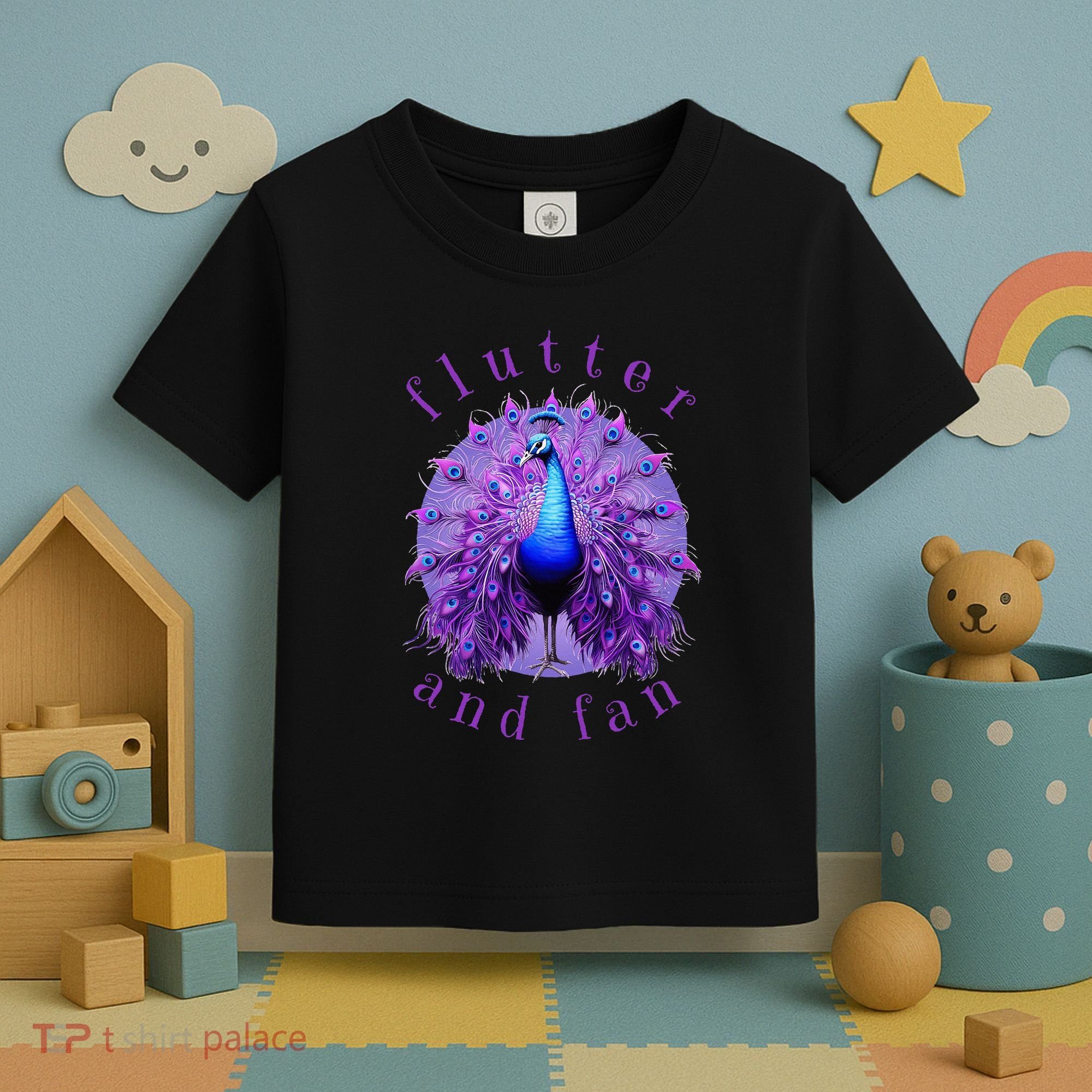 Flutter and Fan apparel peacock on glowing moon Toddler T-Shirt