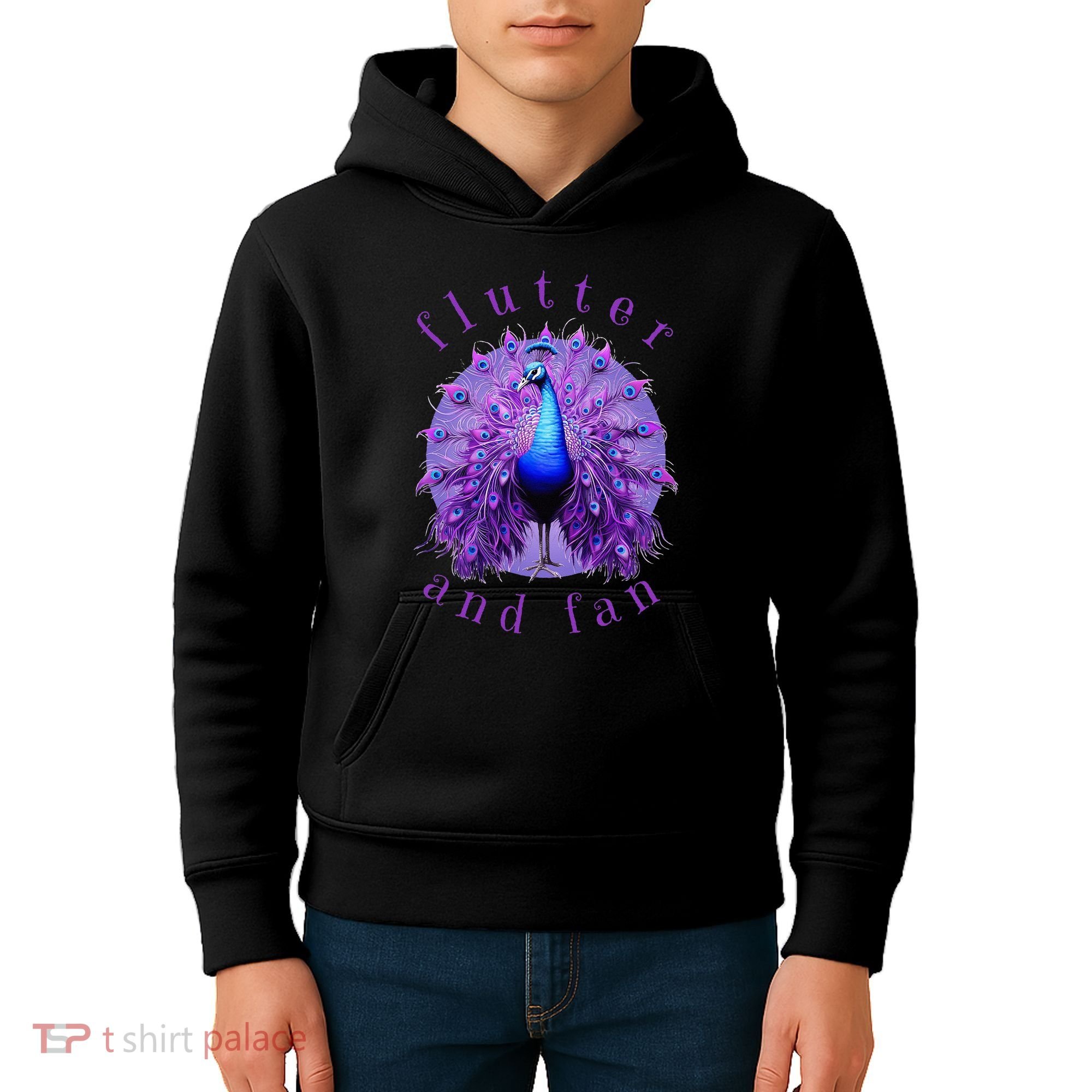 Flutter and Fan apparel peacock on glowing moon Kids Hoodie