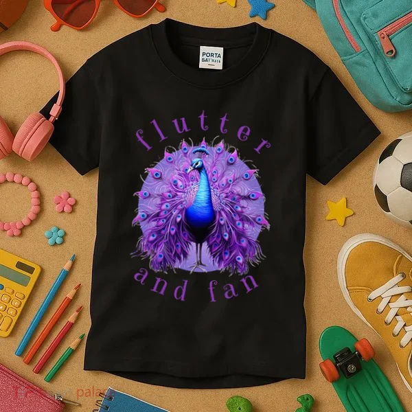 Flutter and Fan apparel peacock on glowing moon Kids T-Shirt