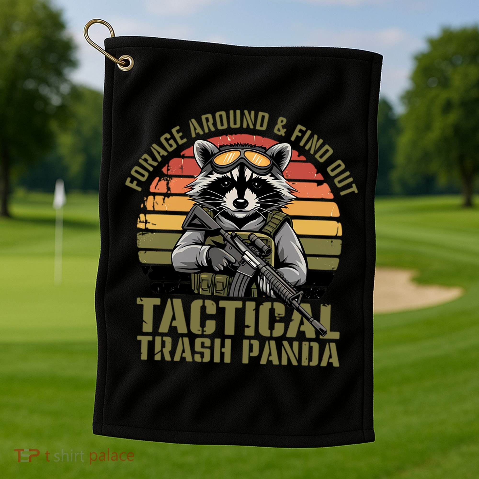 Forage Around & Find Out Tactical Trash Panda Funny Raccoon Golf Towel