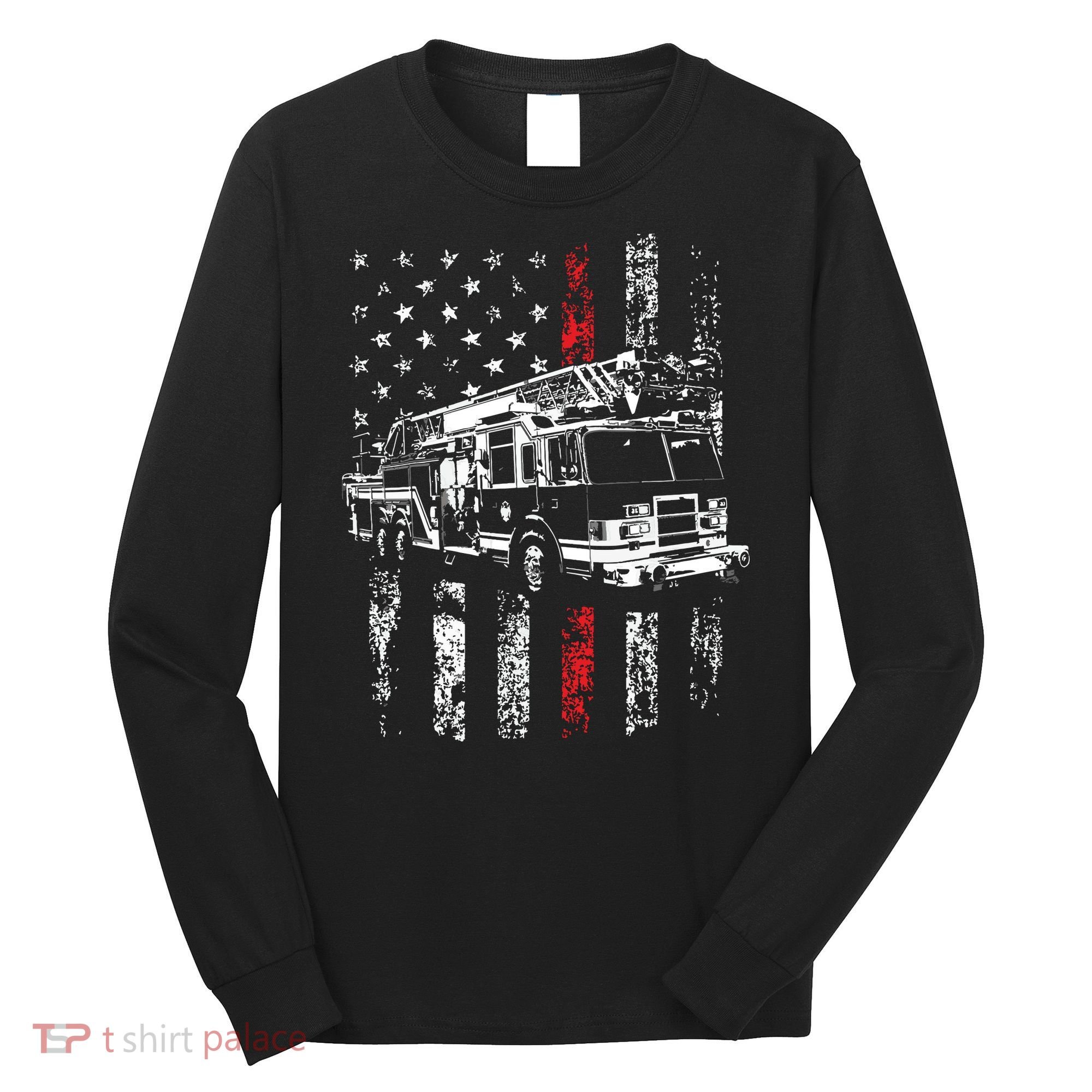 Fireman American Flag Thin Red Line Firefighter Long Sleeve Shirt