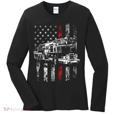 Fireman American Flag Thin Red Line Firefighter Women's Long Sleeve Shirt