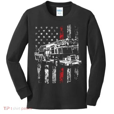 Fireman American Flag Thin Red Line Firefighter Kids Long Sleeve Shirt