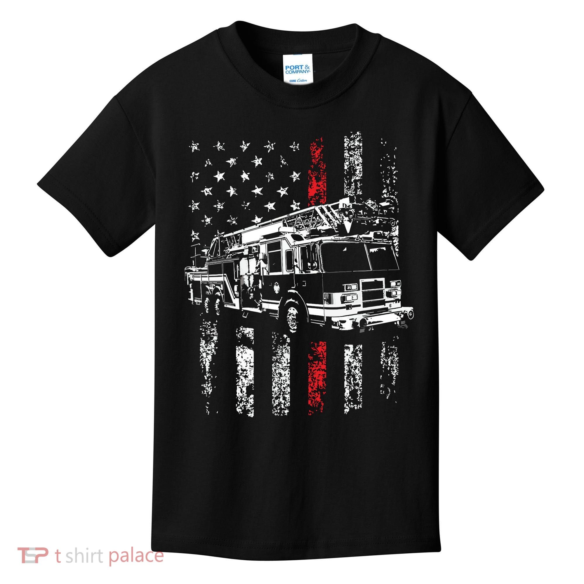 Fireman American Flag Thin Red Line Firefighter Kids T-Shirt