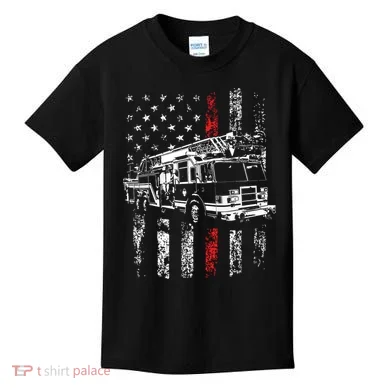 Fireman American Flag Thin Red Line Firefighter Kids T-Shirt
