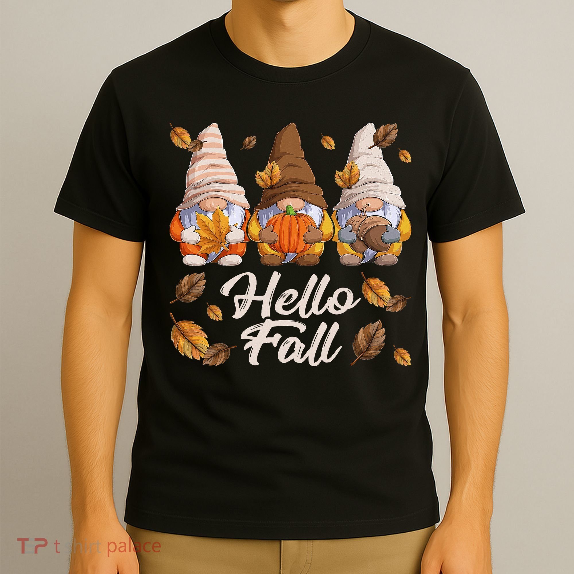 Funny Autumn Gnomes Autumn Leaves Hello Fall  T-Shirt