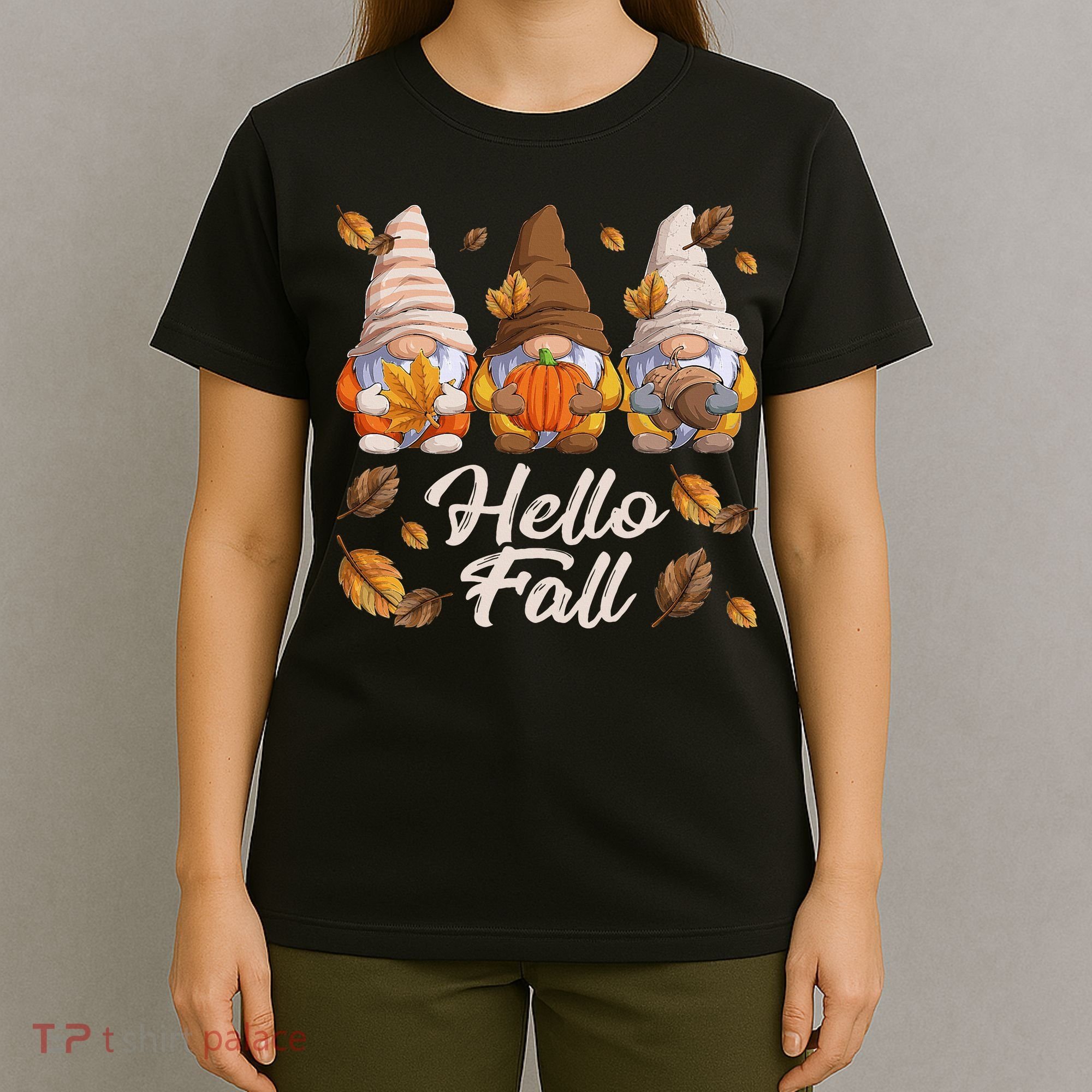 Funny Autumn Gnomes Autumn Leaves Hello Fall  T-Shirt
