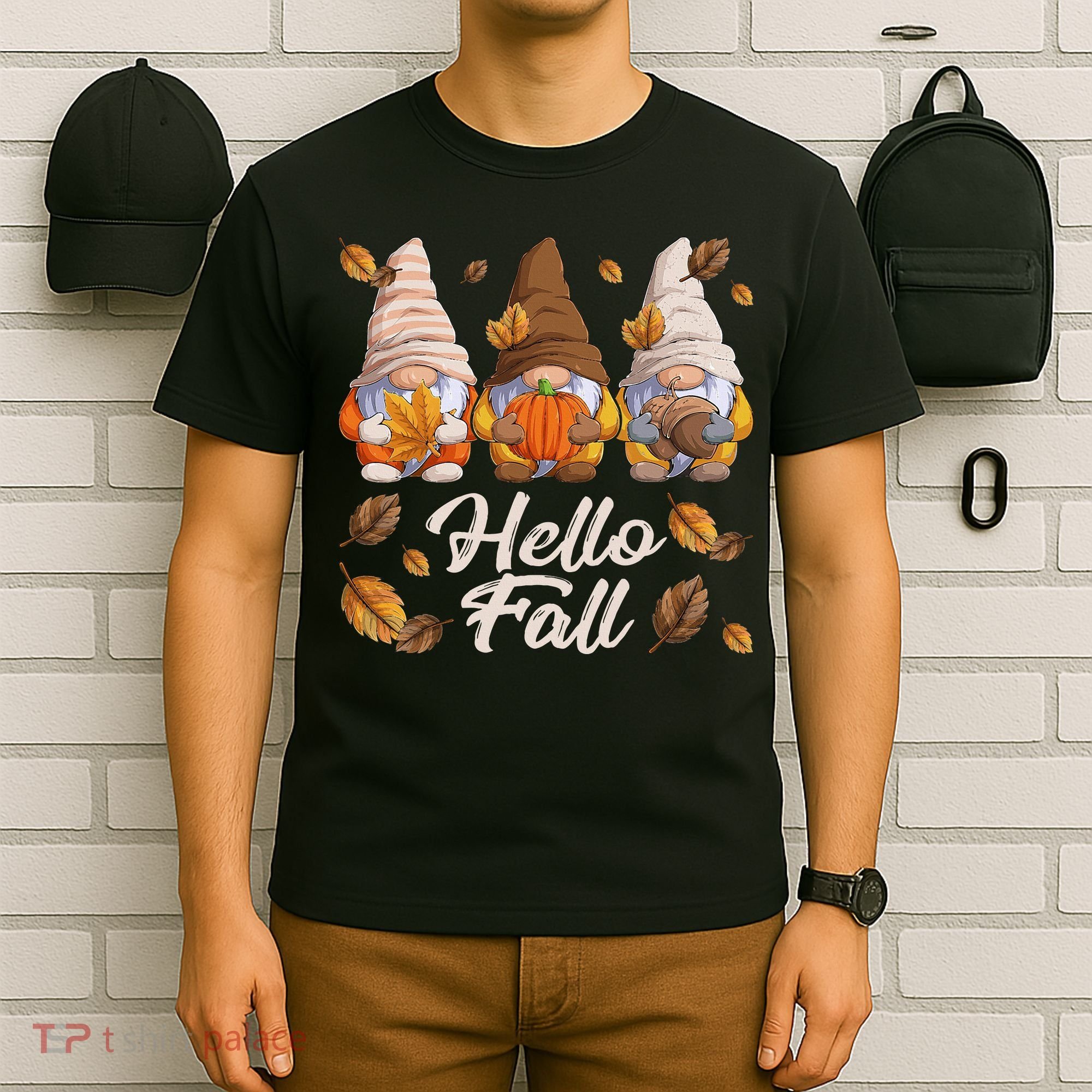 Funny Autumn Gnomes Autumn Leaves Hello Fall  T-Shirt