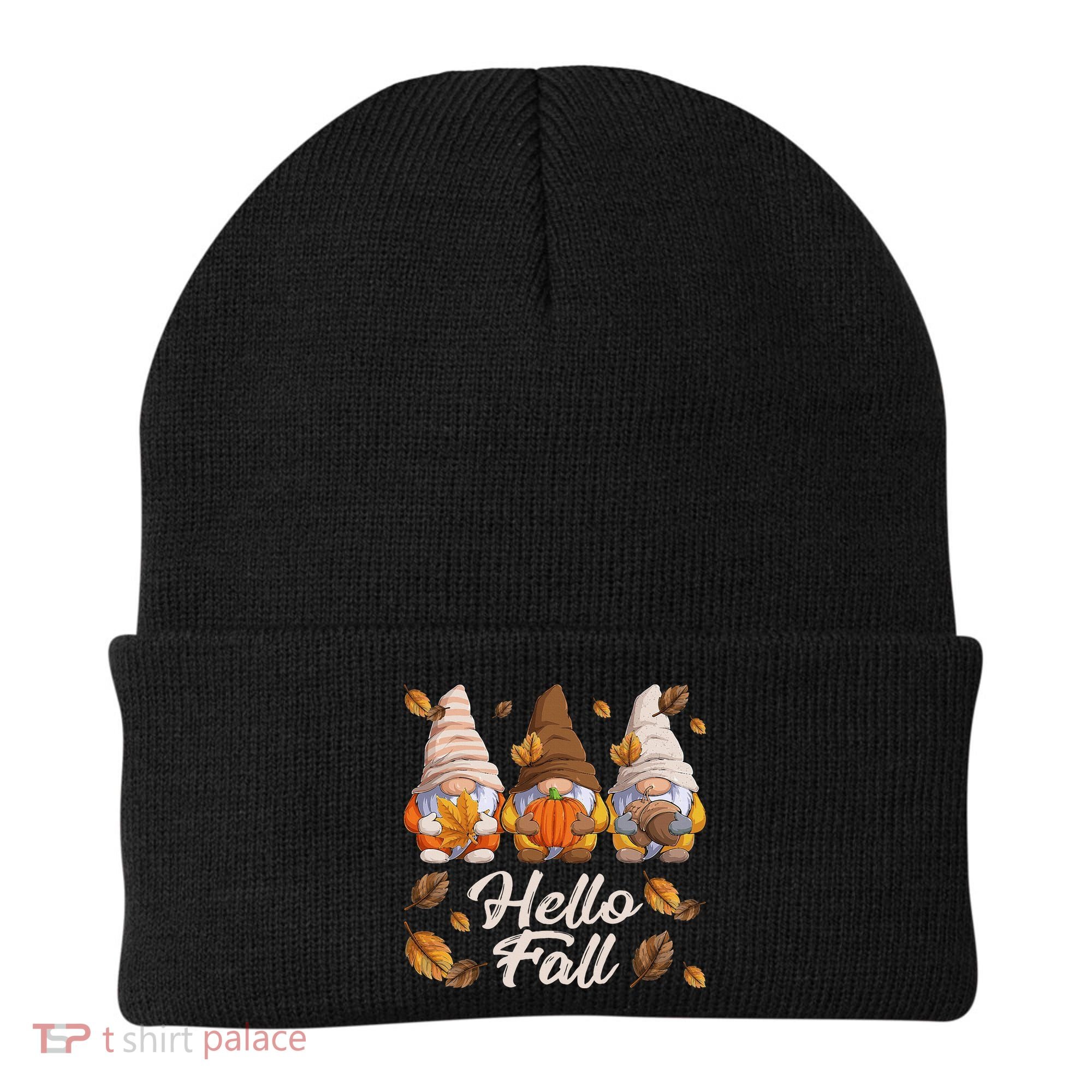 Funny Autumn Gnomes Autumn Leaves Hello Fall  Beanie