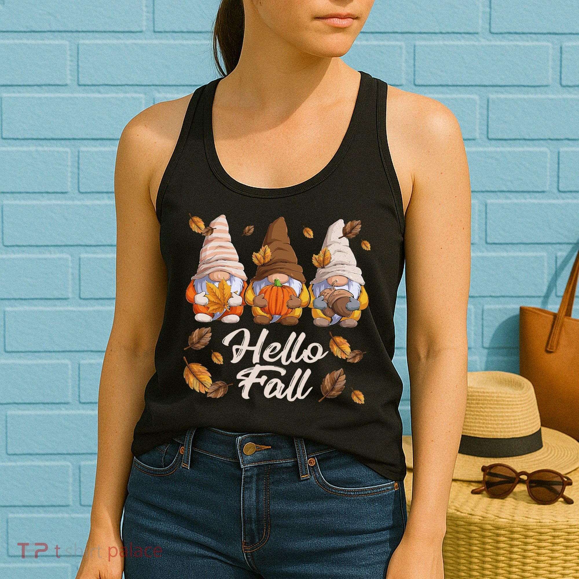 Funny Autumn Gnomes Autumn Leaves Hello Fall  Women's Tank Top