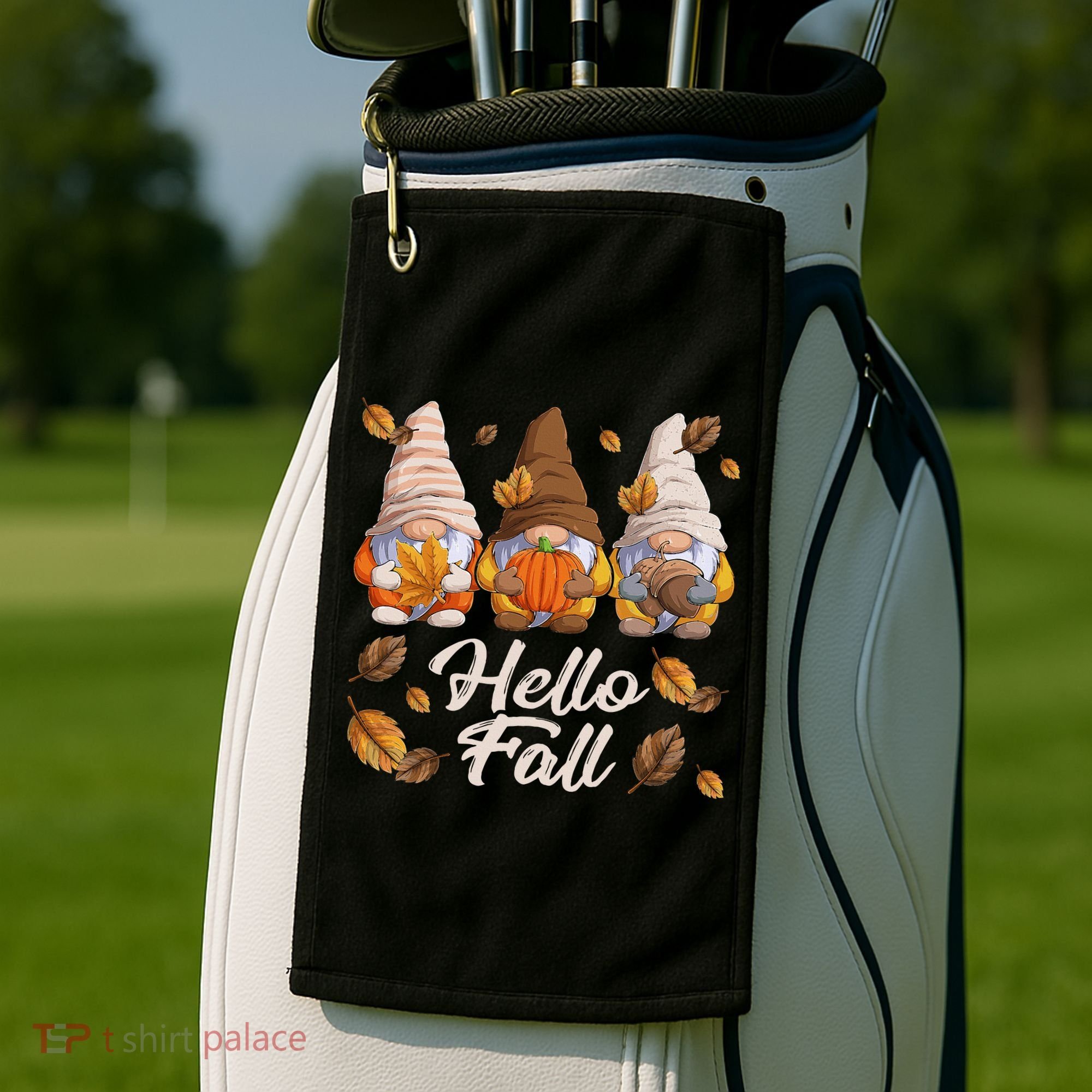 Funny Autumn Gnomes Autumn Leaves Hello Fall  Golf Towel