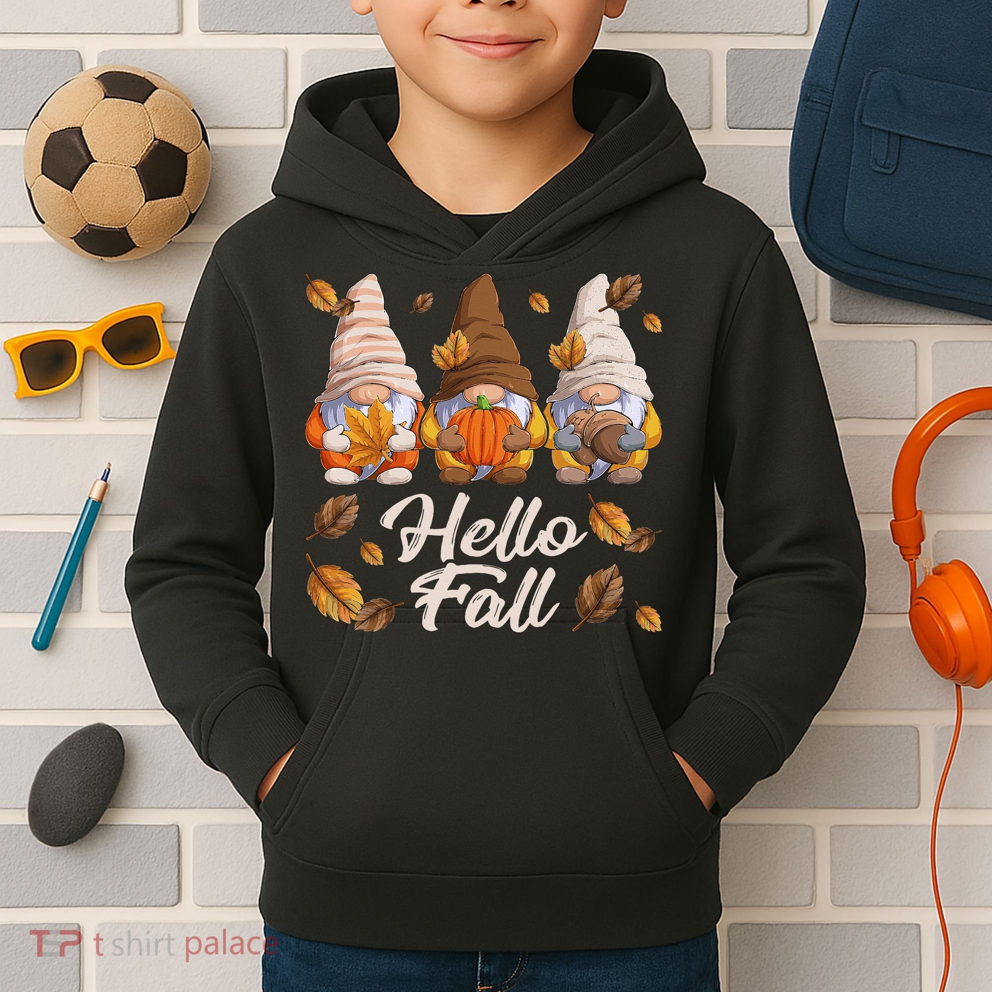 Funny Autumn Gnomes Autumn Leaves Hello Fall  Kids Hoodie