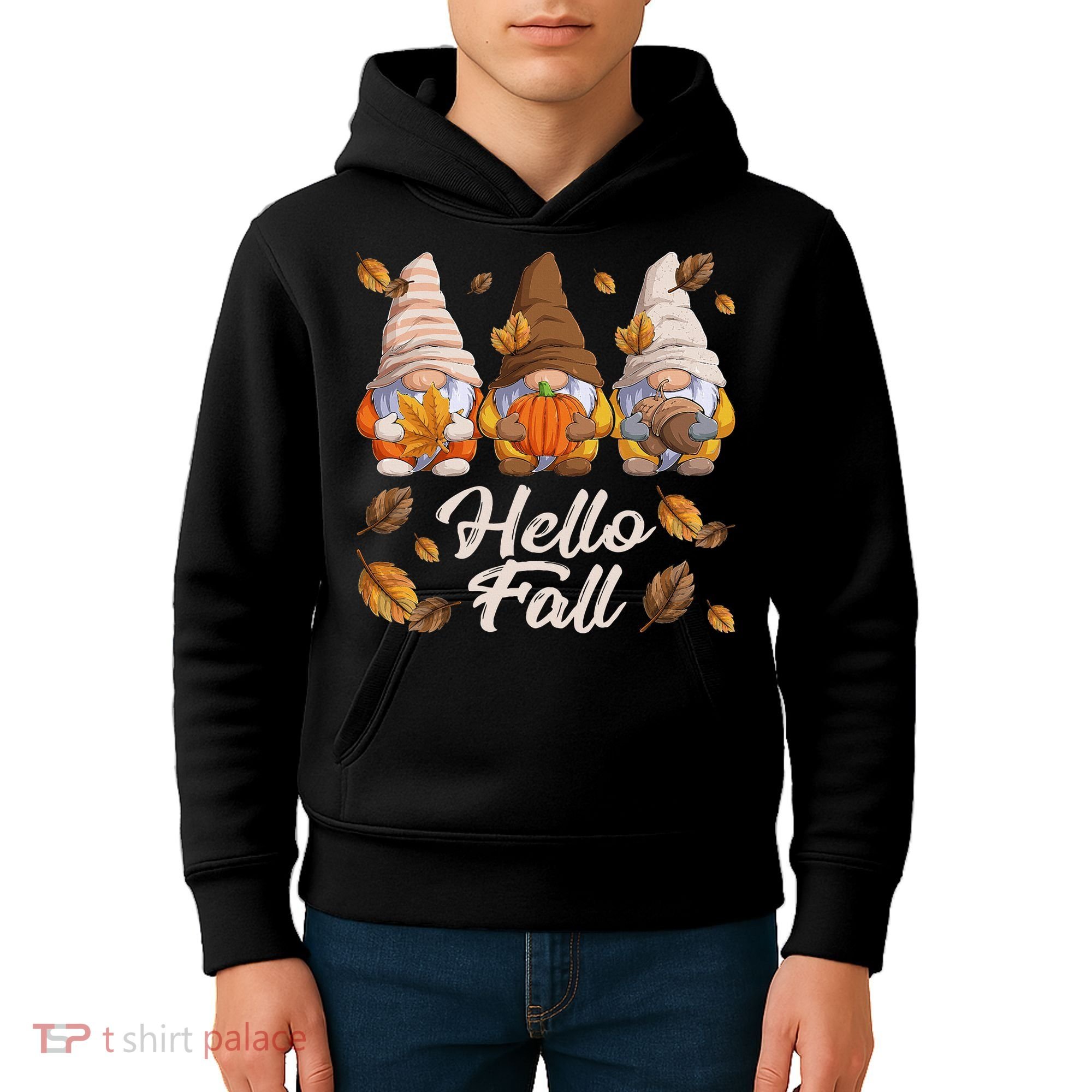 Funny Autumn Gnomes Autumn Leaves Hello Fall  Kids Hoodie