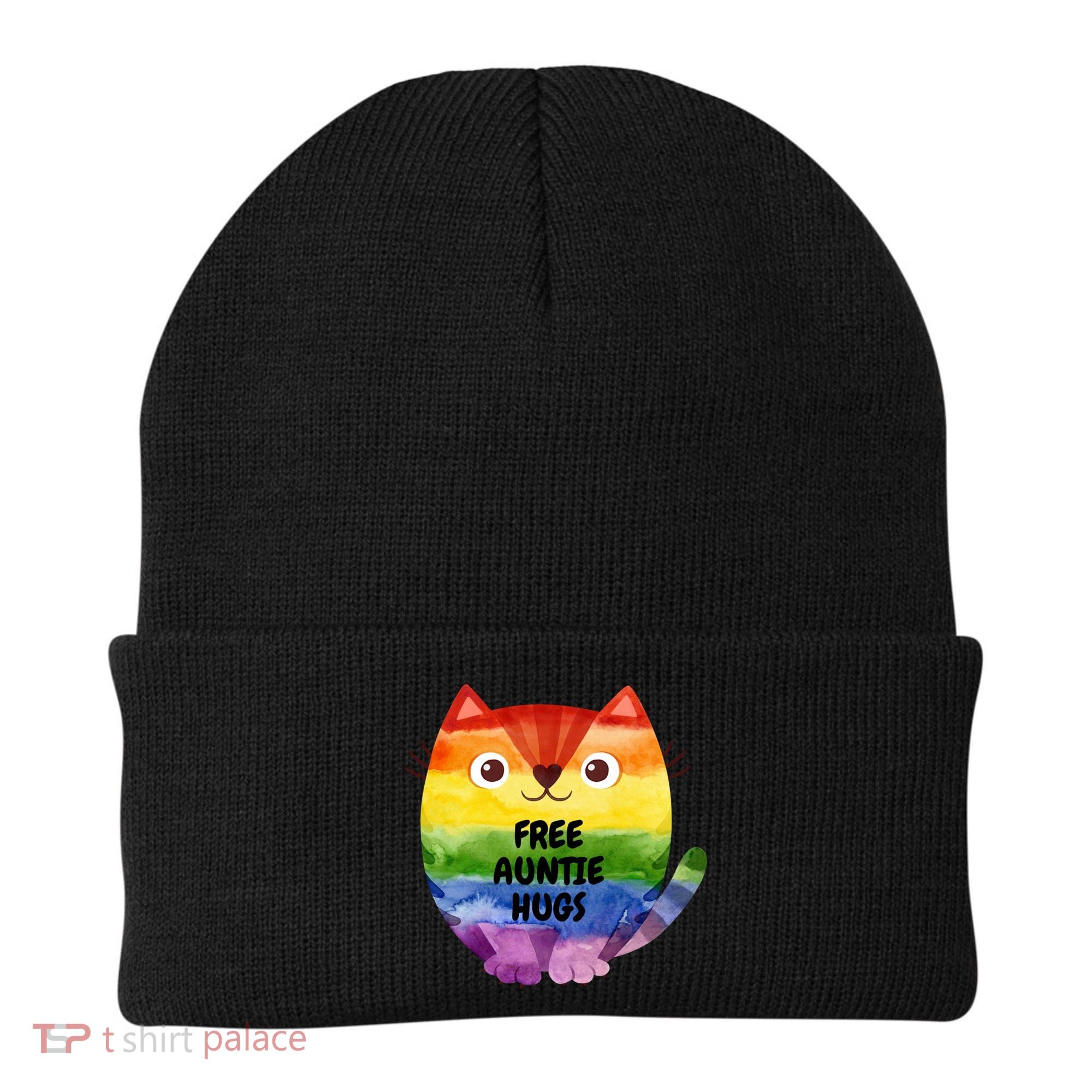 Free Auntie Hugs Pride Lgbtq Flag Cat Cool Gift Beanie