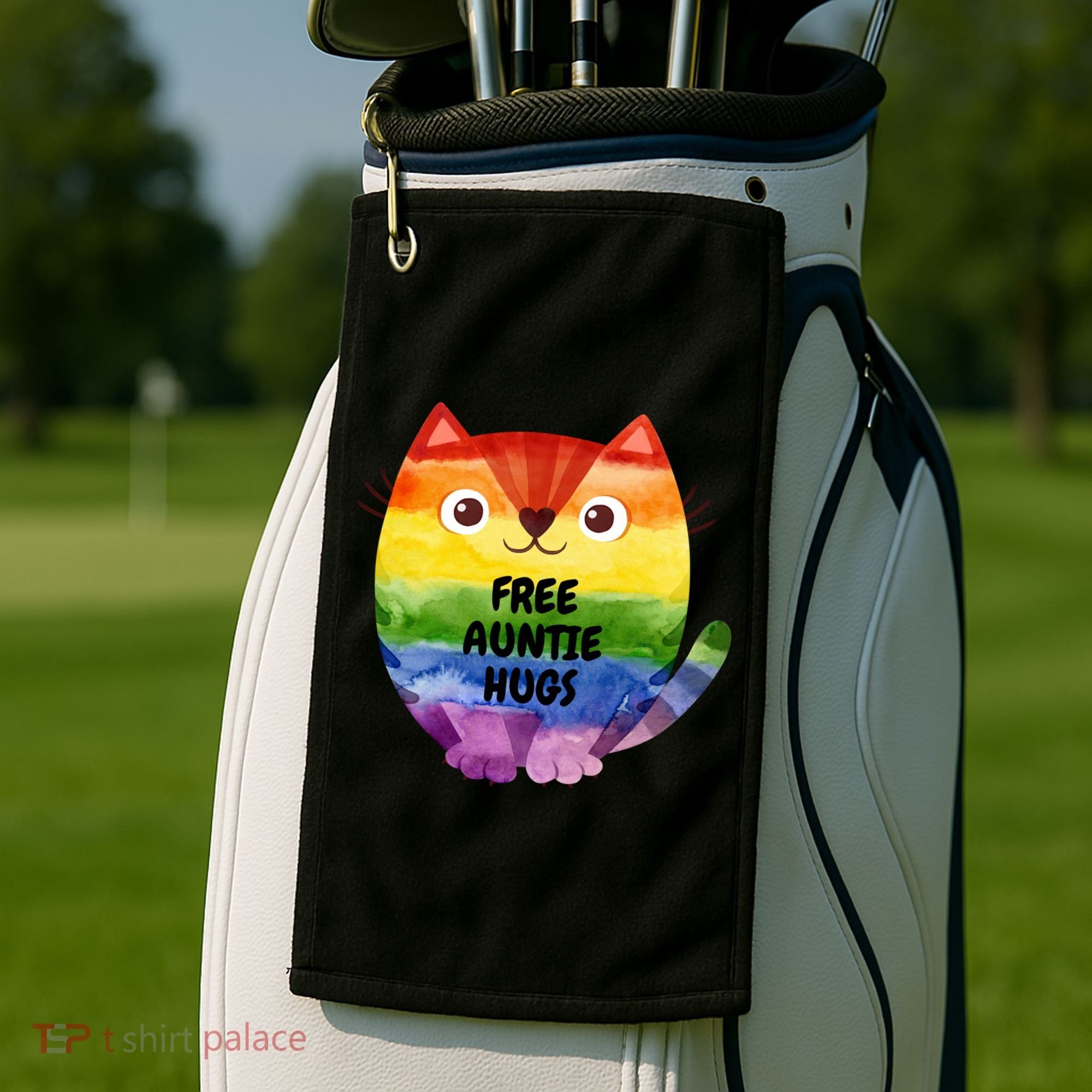 Free Auntie Hugs Pride Lgbtq Flag Cat Cool Gift Golf Towel