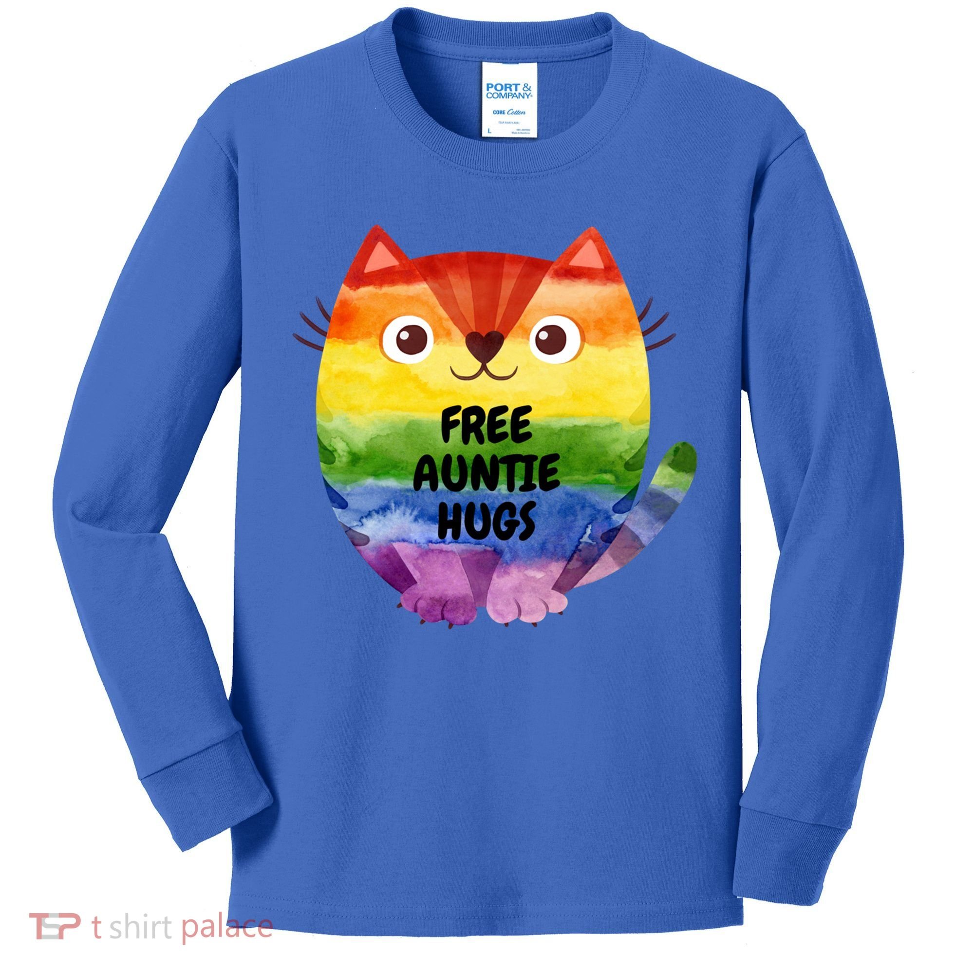 Free Auntie Hugs Pride Lgbtq Flag Cat Cool Gift Kids Long Sleeve Shirt