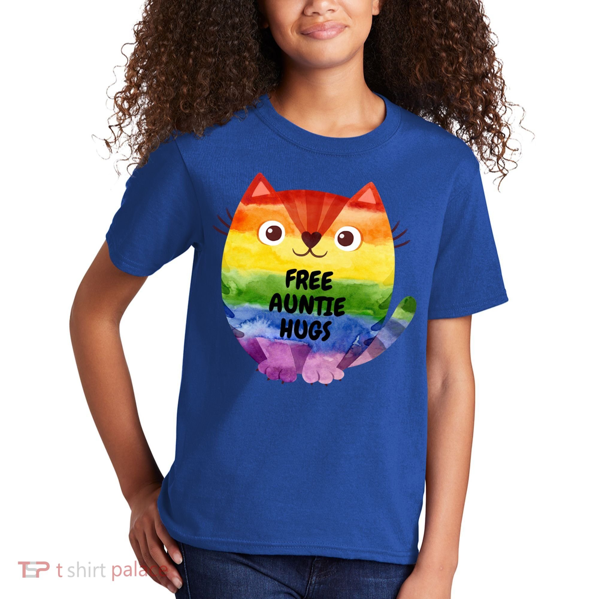 Free Auntie Hugs Pride Lgbtq Flag Cat Cool Gift Kids T-Shirt
