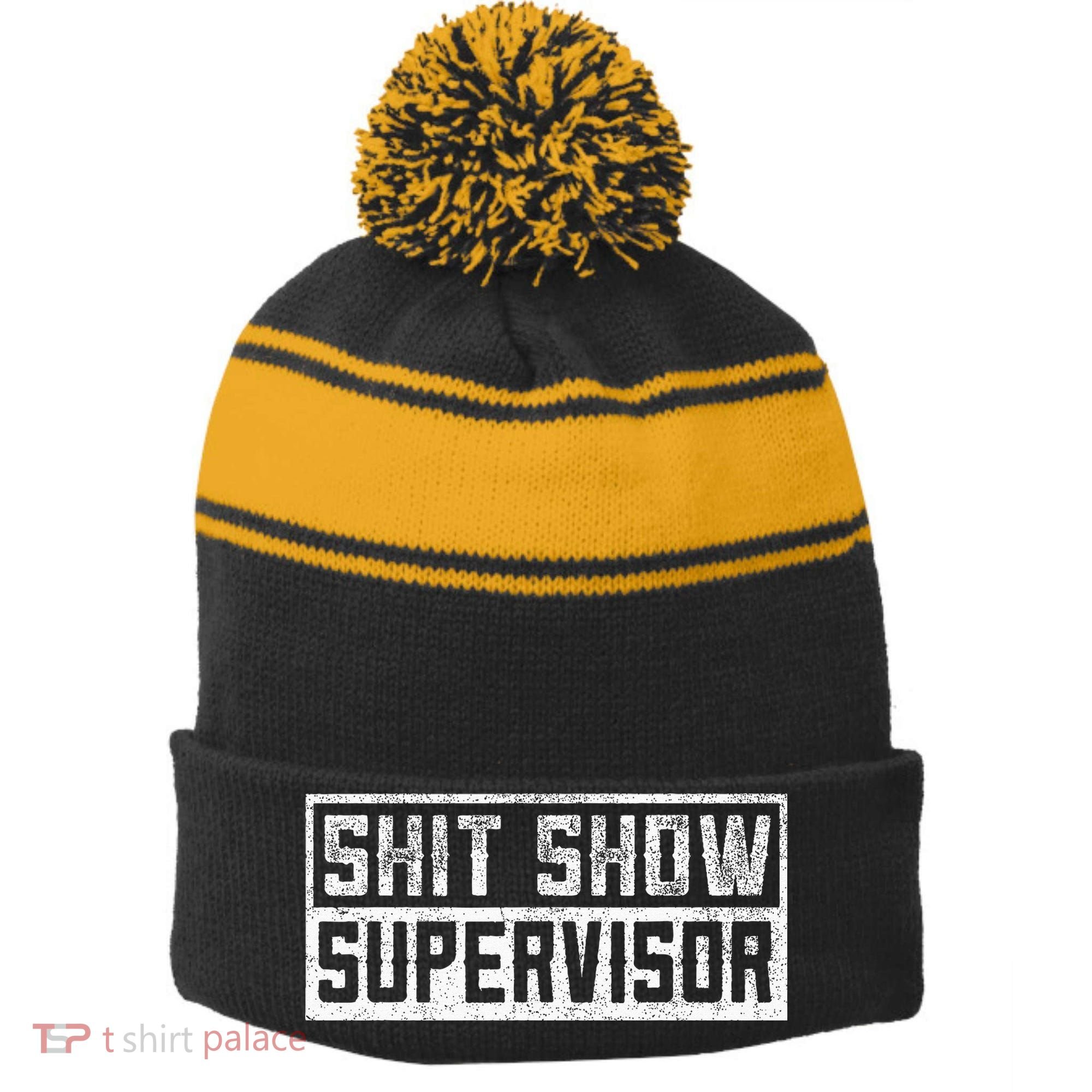 Funny Adult Humor Shit Show Supervisor Mom Stripe Pom Pom Beanie
