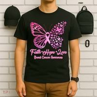Faith Hope Love Breast Cancer Awareness Butterflies T-Shirt thumb 6