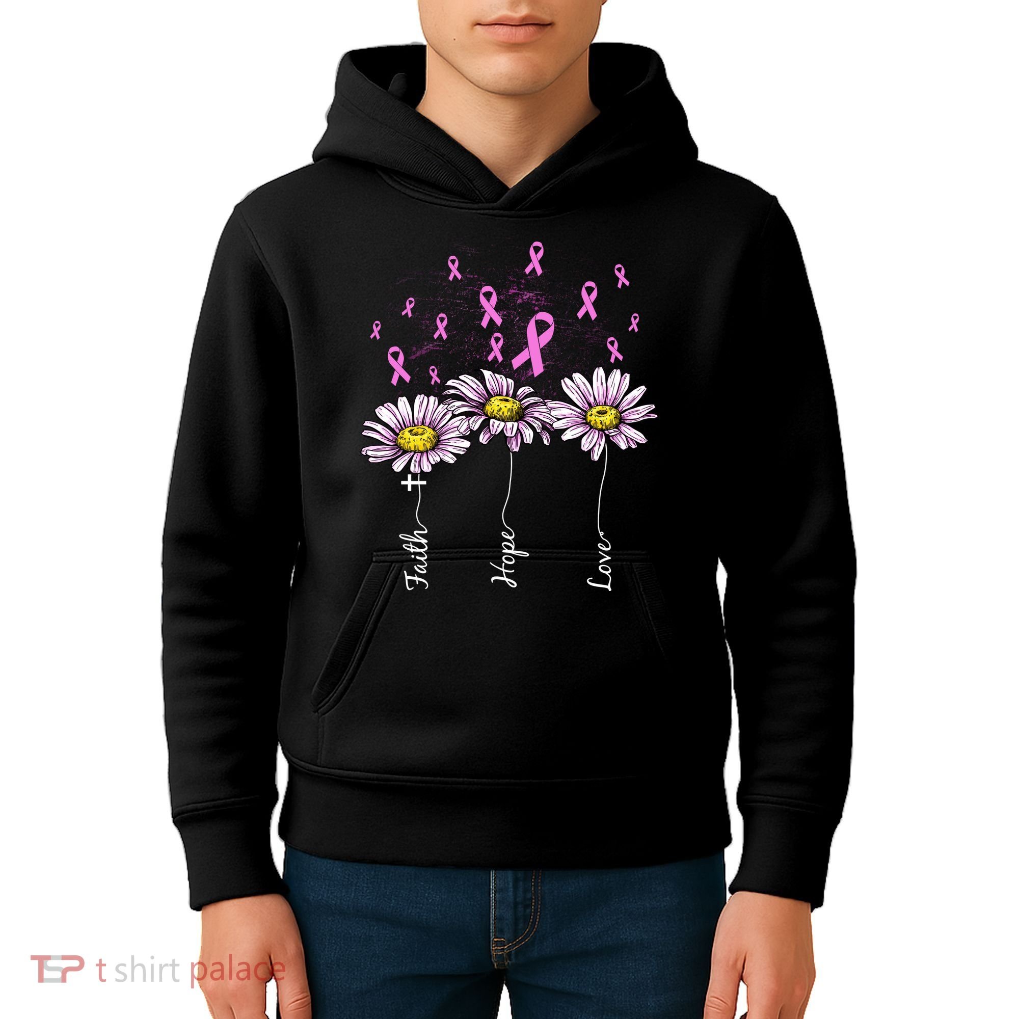 Faith Hope Love Breast Cancer Awareness Floral Kids Hoodie
