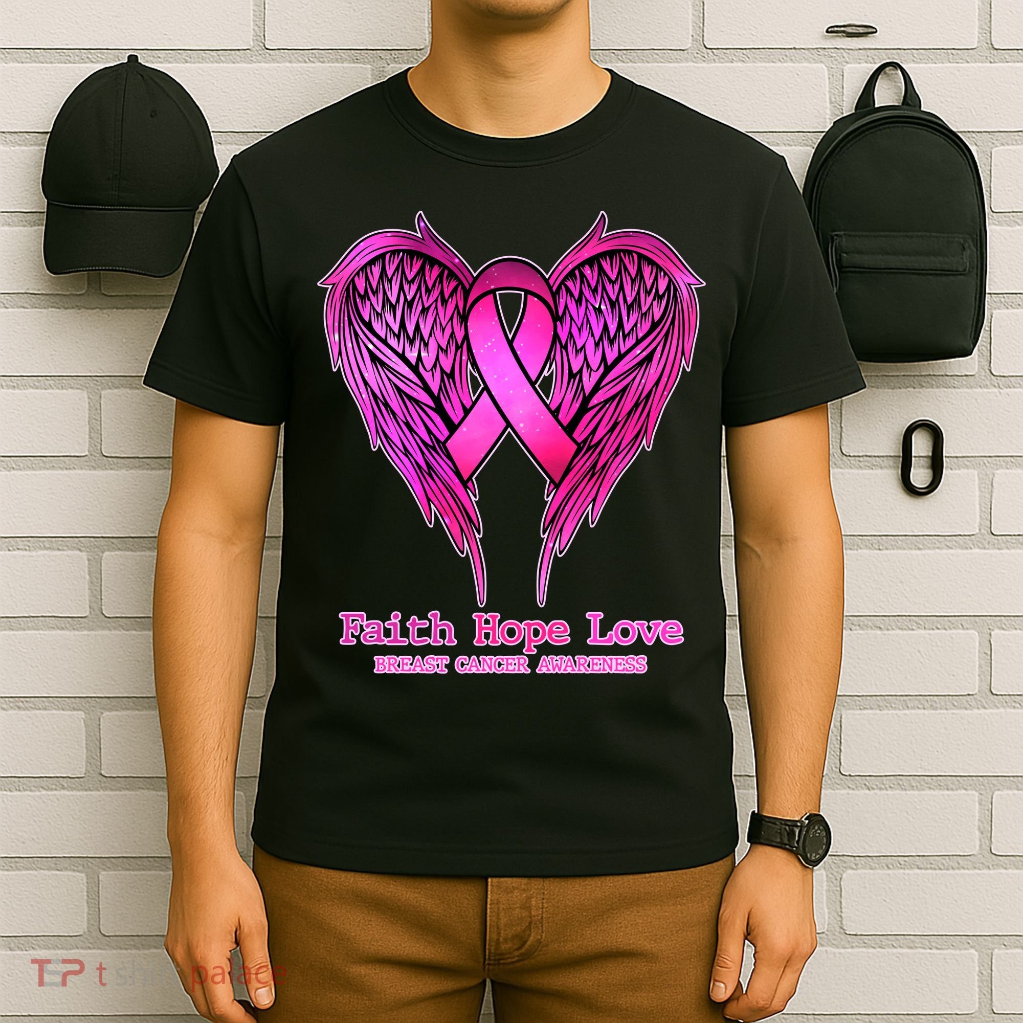Faith Hope Love Breast Cancer Awareness Galaxy Wings T-Shirt