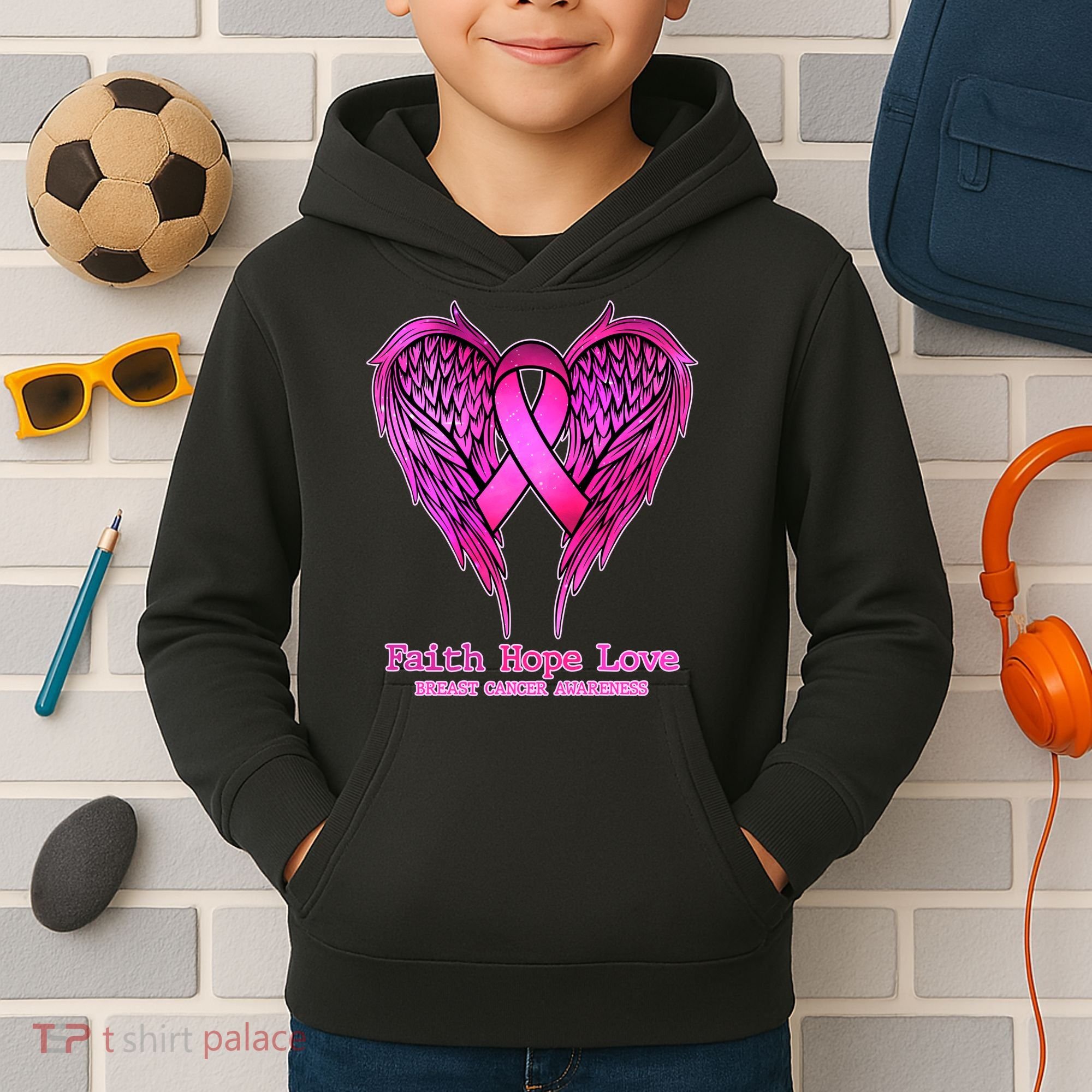 Faith Hope Love Breast Cancer Awareness Galaxy Wings Kids Hoodie