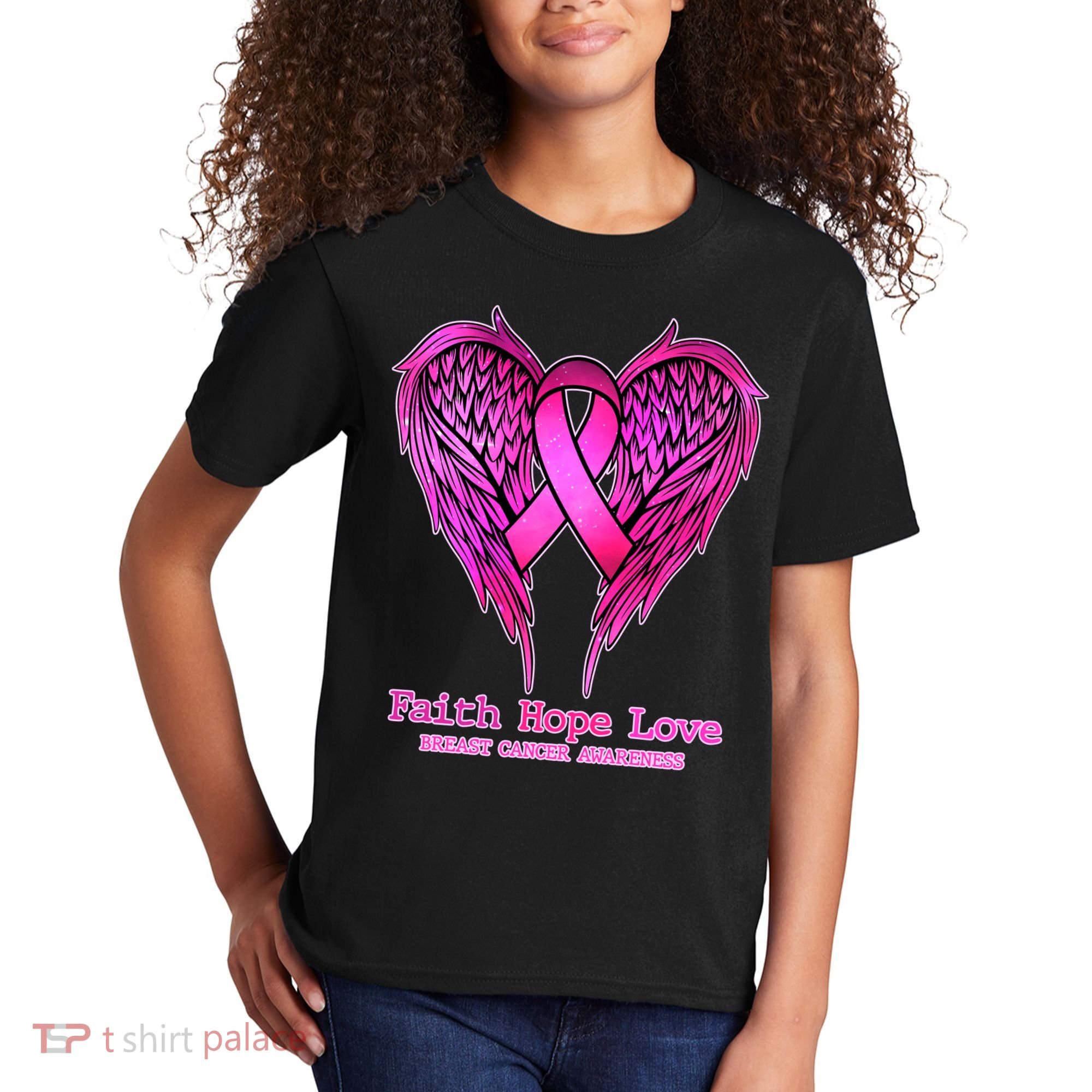 Faith Hope Love Breast Cancer Awareness Galaxy Wings Kids T-Shirt