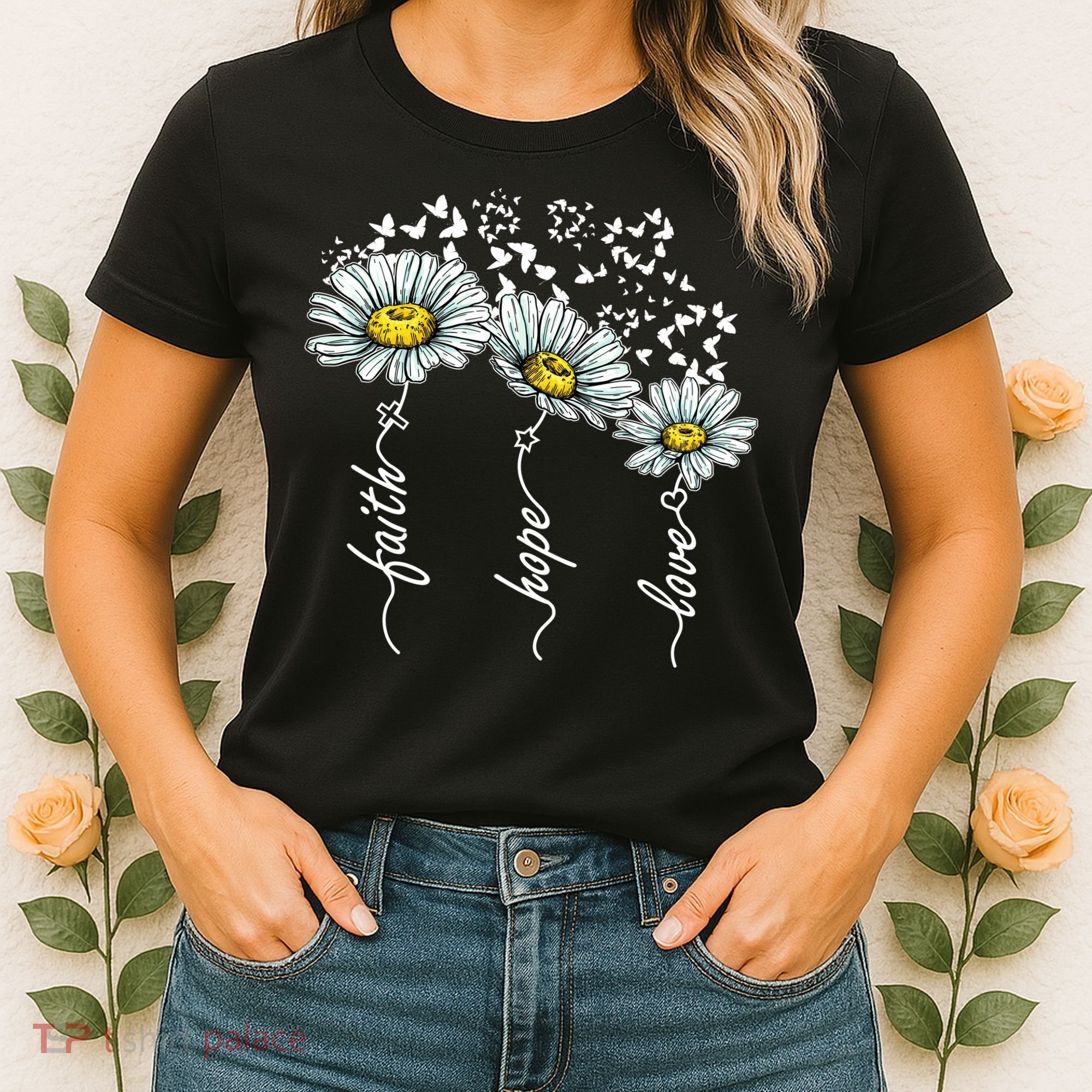 Faith Hope Love Butterflies Daisies Religious Women's T-Shirt