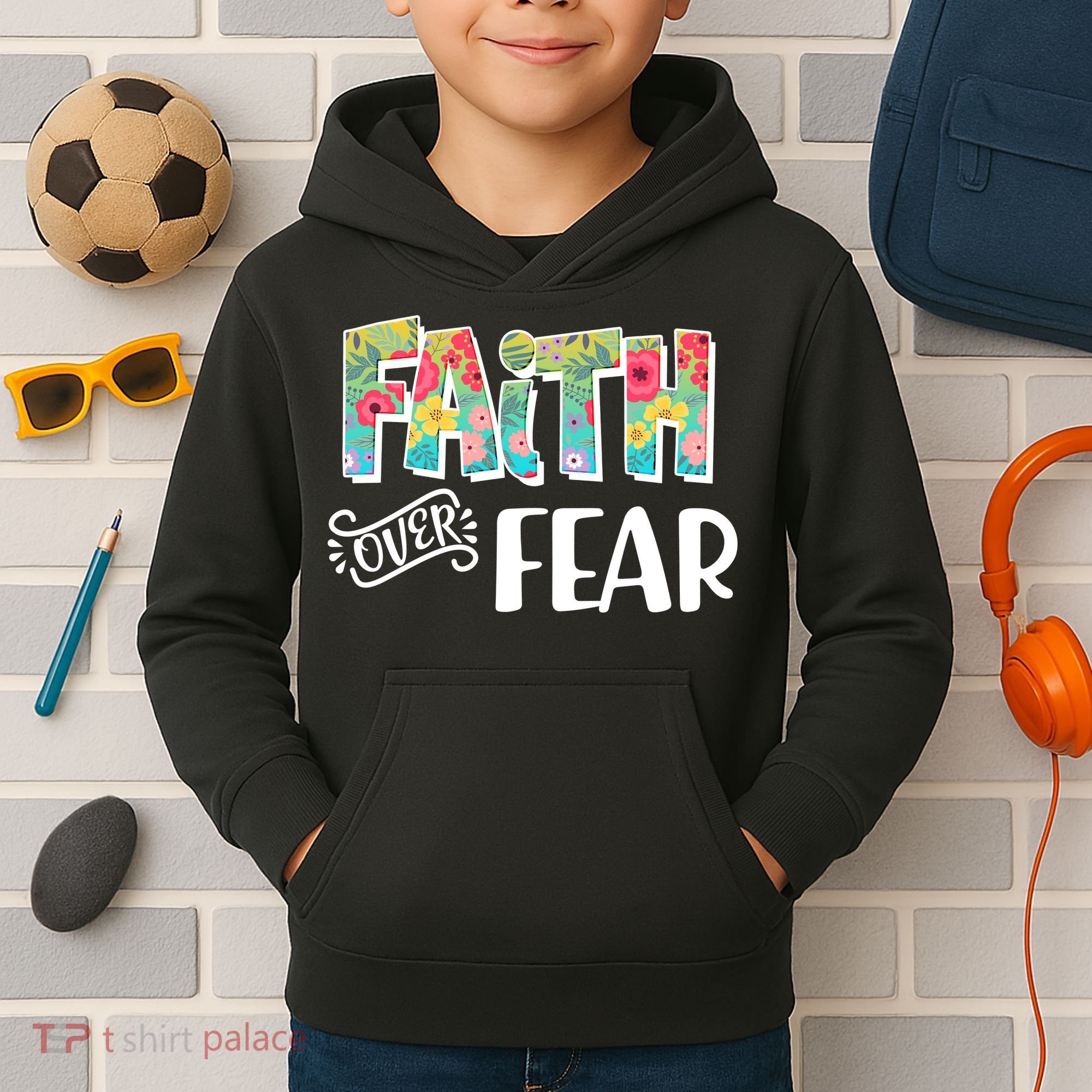 Faith Over Fear Flower Pattern Kids Hoodie