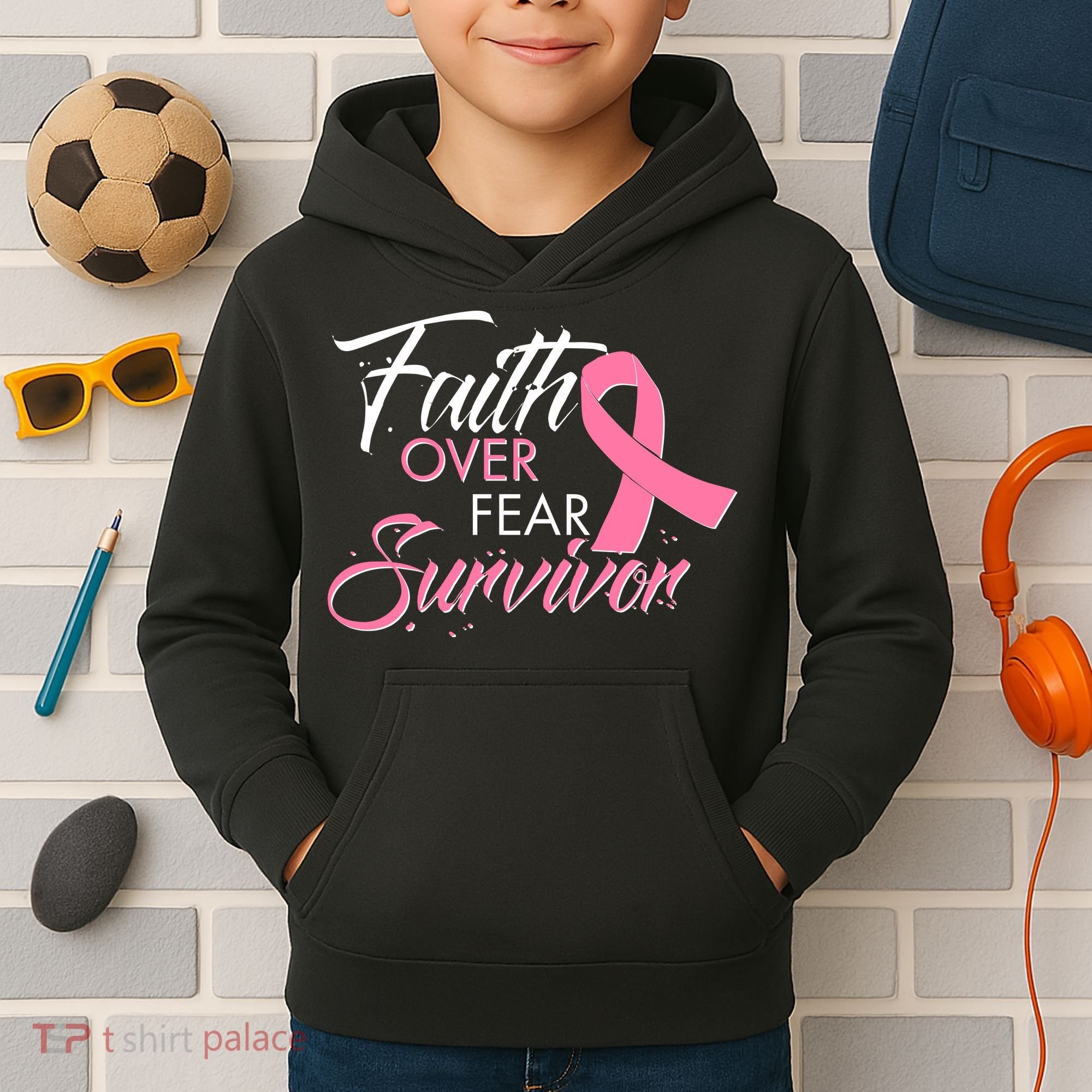Faith Over Fear Survivor Breast Cancer Awareness Kids Hoodie