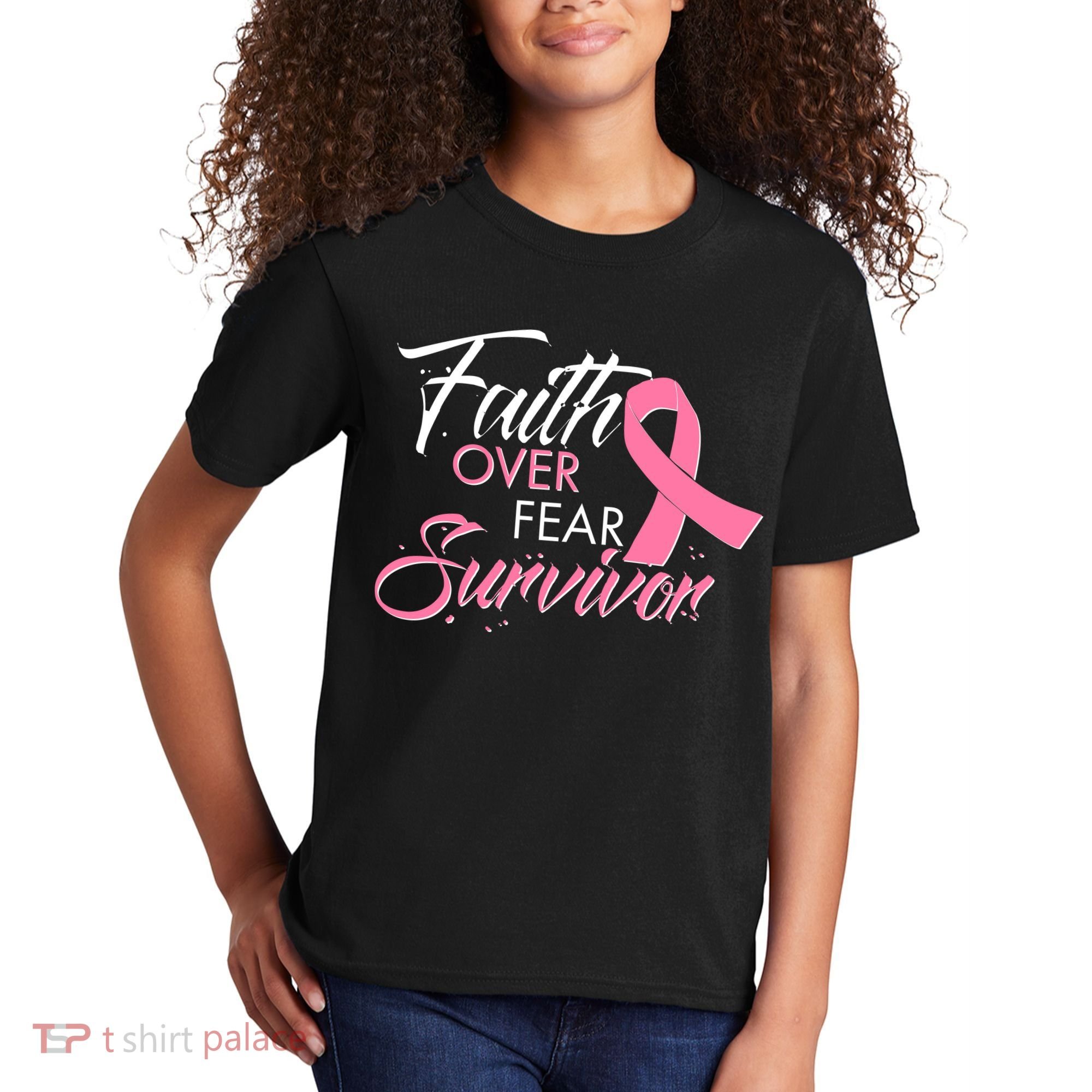 Faith Over Fear Survivor Breast Cancer Awareness Kids T-Shirt