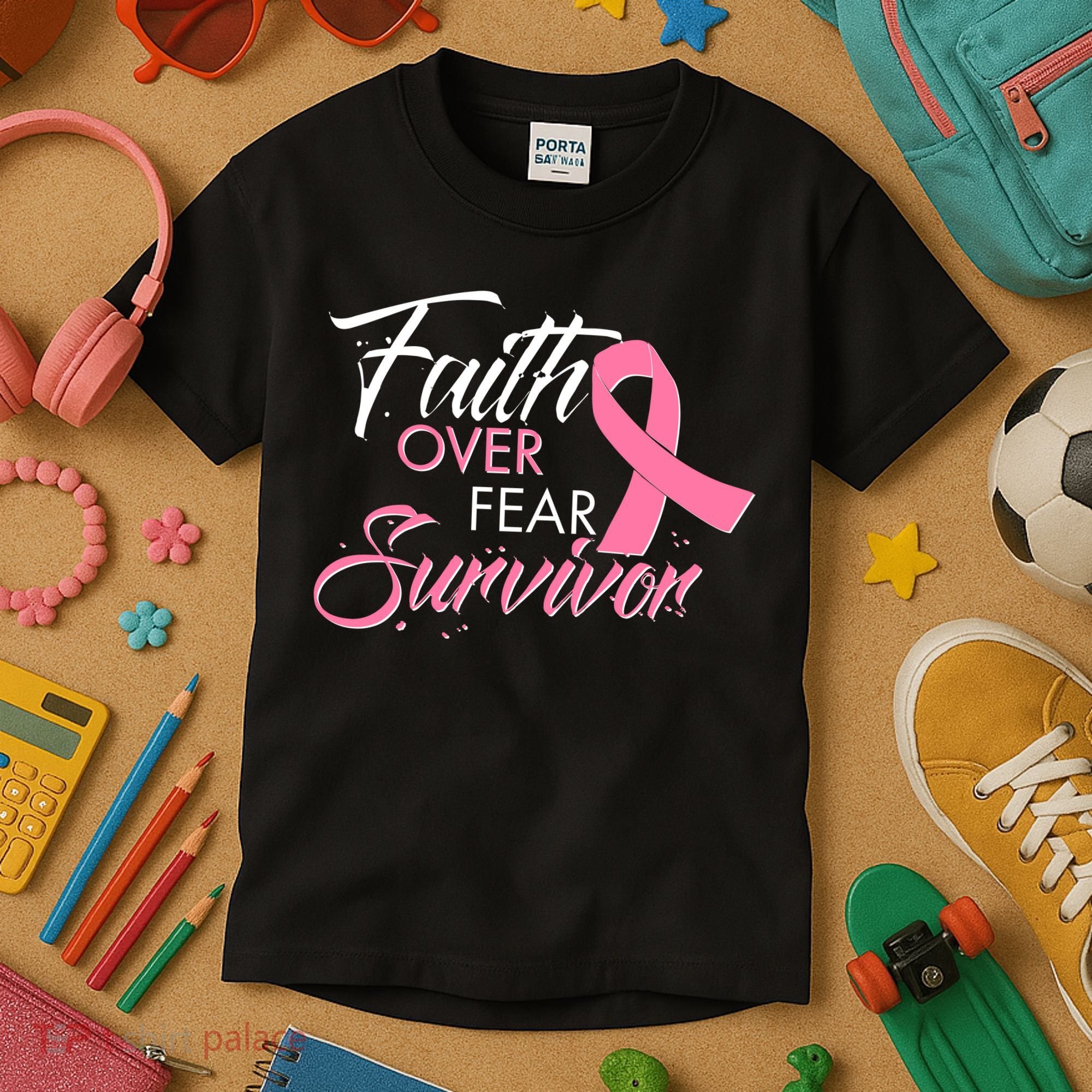 Faith Over Fear Survivor Breast Cancer Awareness Kids T-Shirt