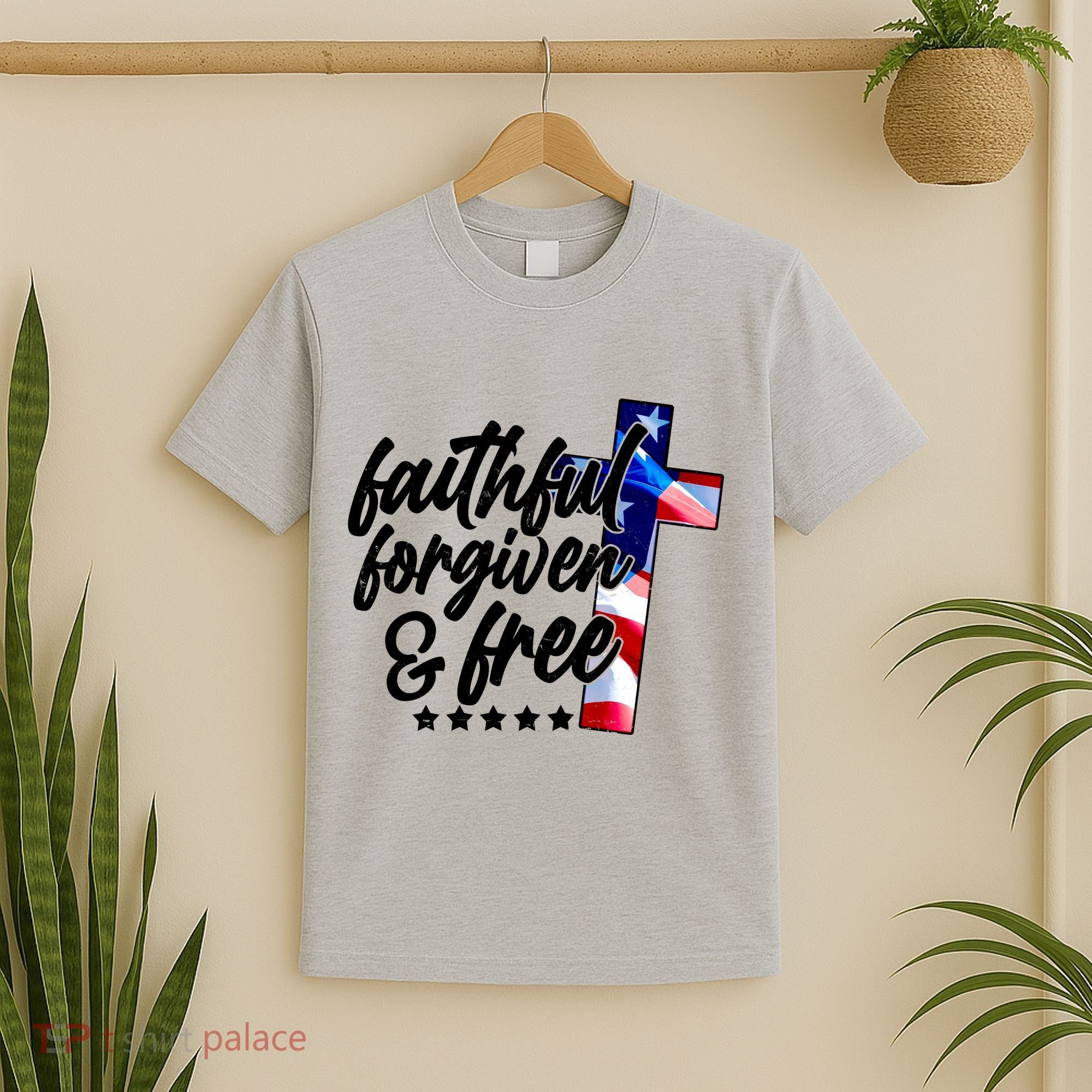 Faithful Forgiven and Free USA American Flag Cross T-Shirt