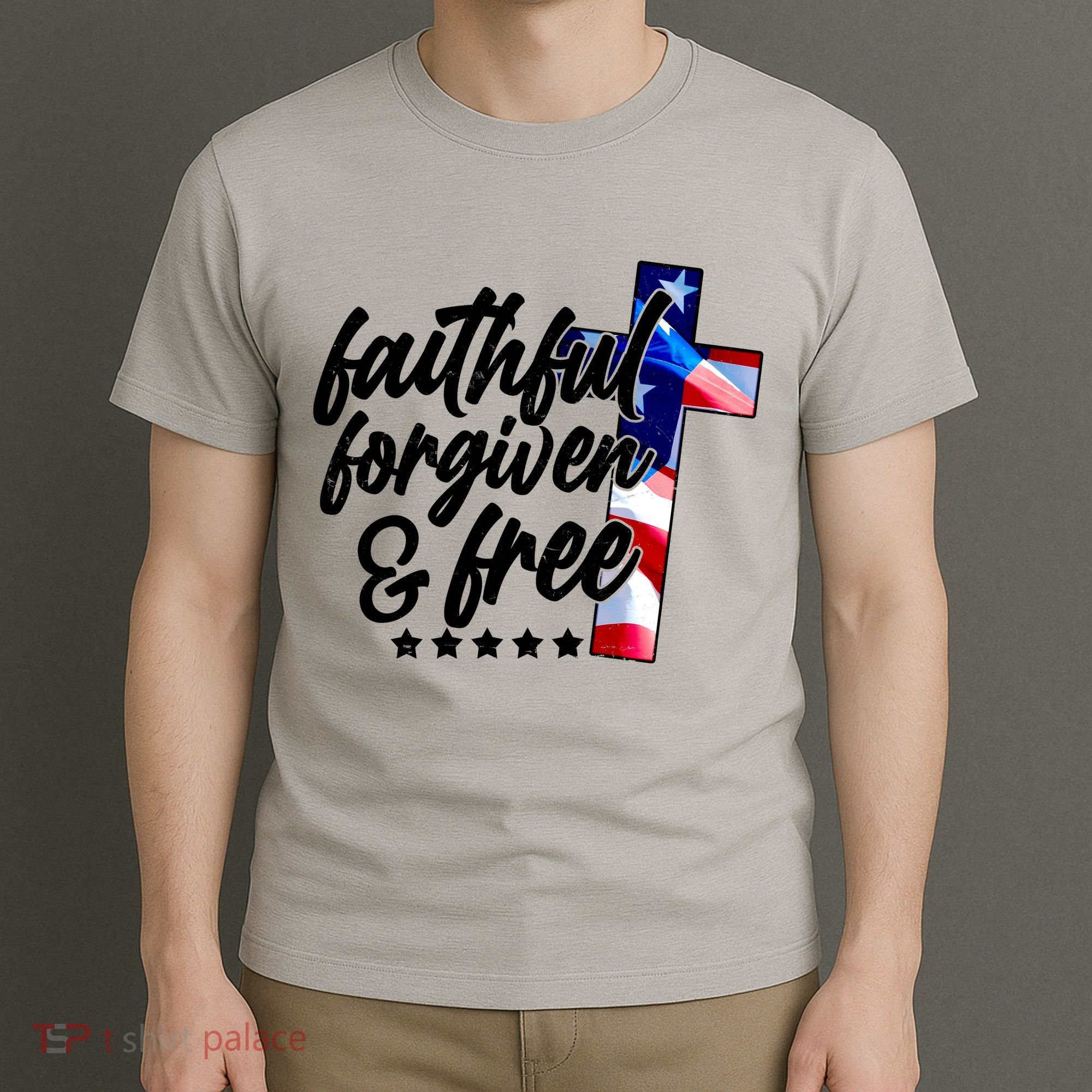 Faithful Forgiven and Free USA American Flag Cross T-Shirt