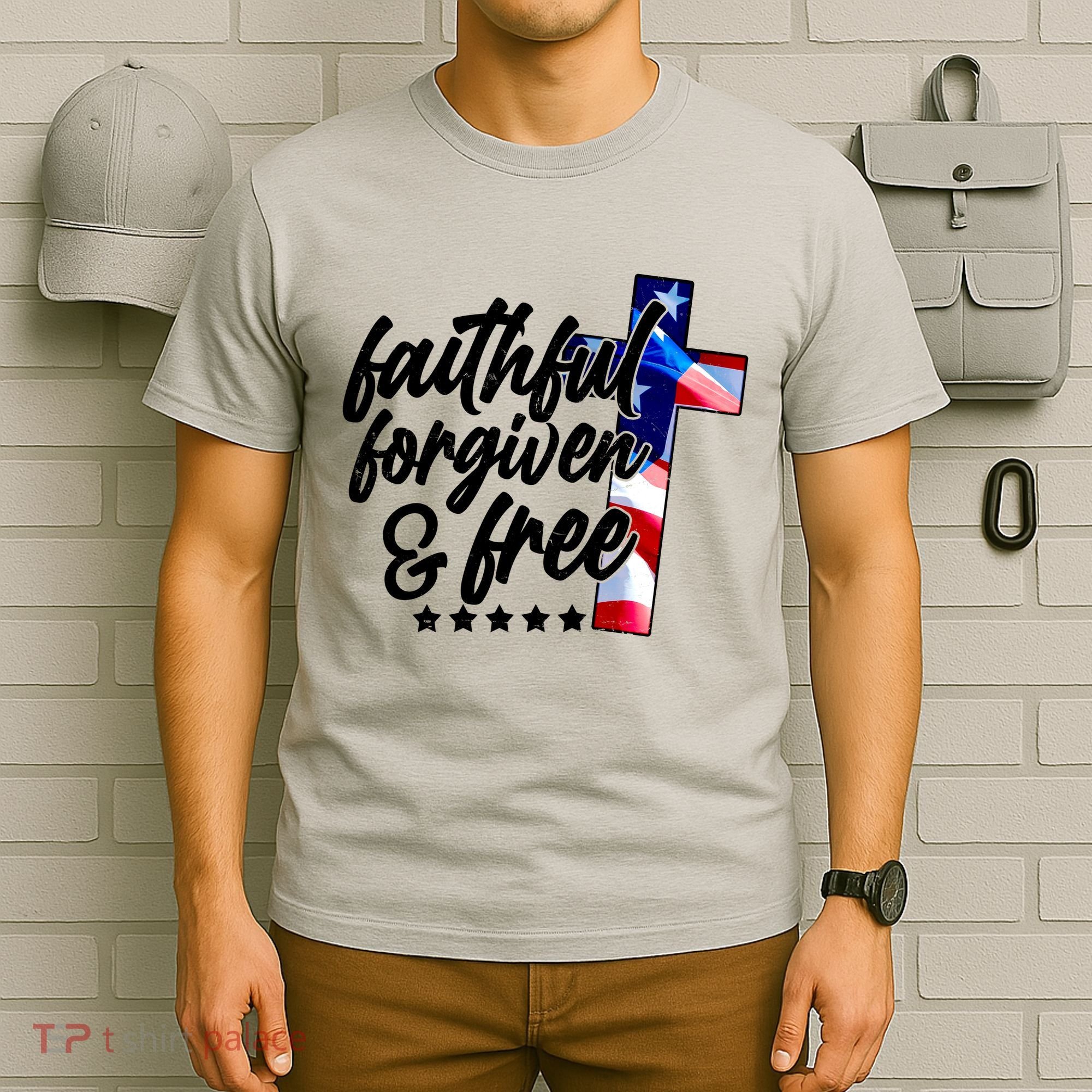Faithful Forgiven and Free USA American Flag Cross T-Shirt