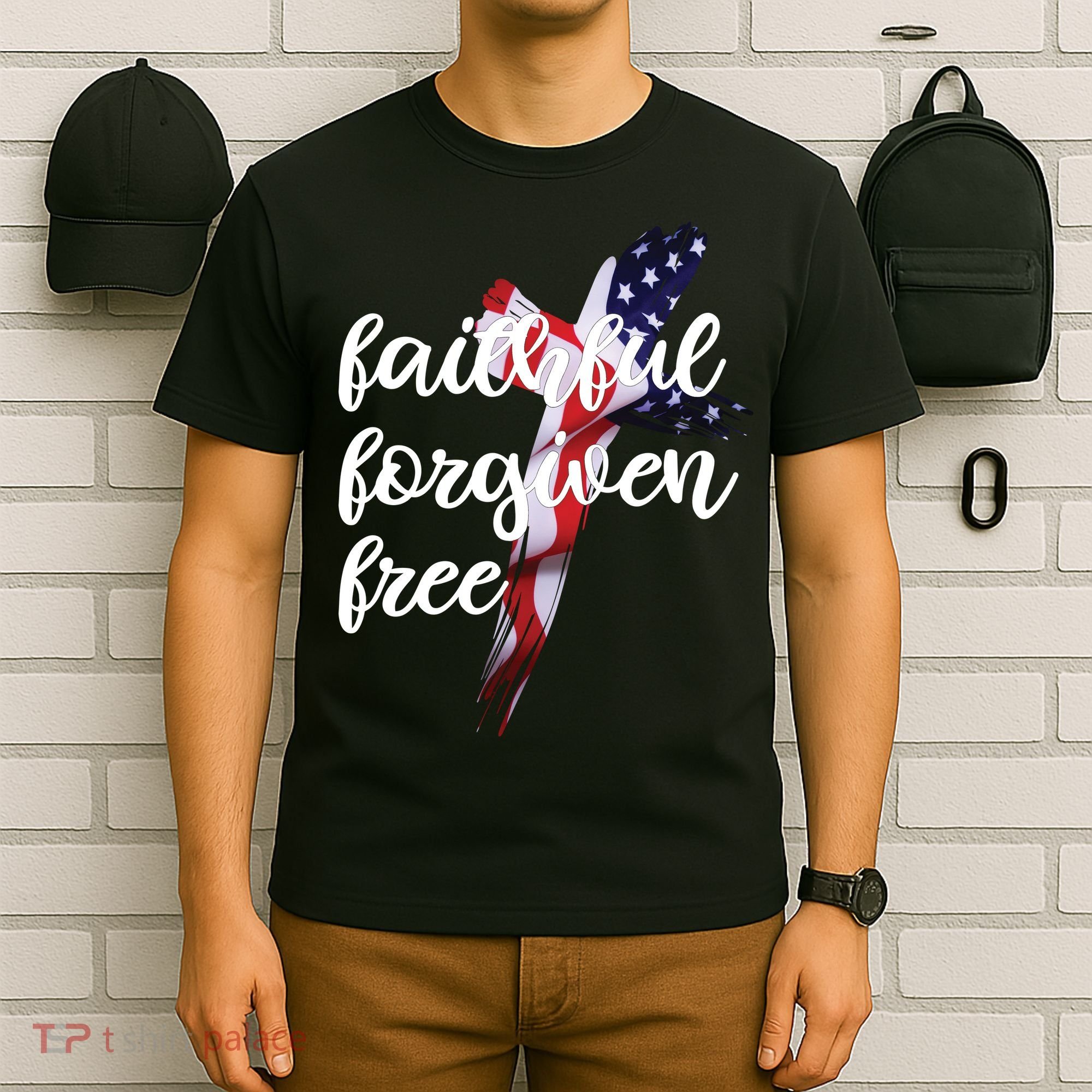 Faithful Forgiving Free American Cross  T-Shirt
