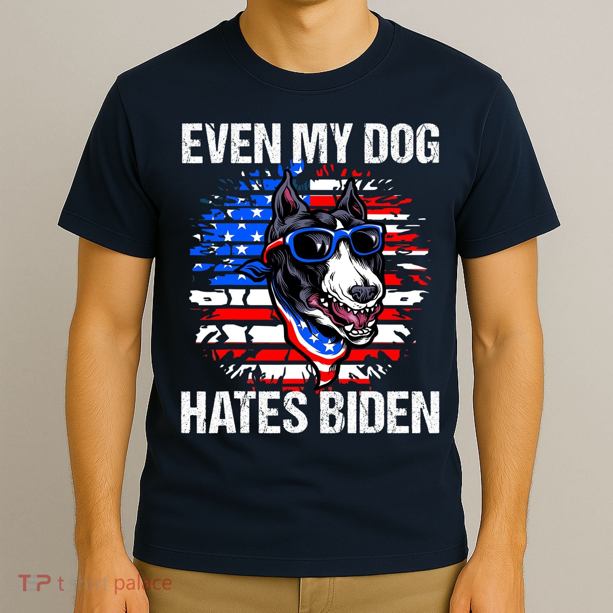 Funny Anti Joe Biden Even My Dog Hates Biden USA Flag Pibble T-Shirt