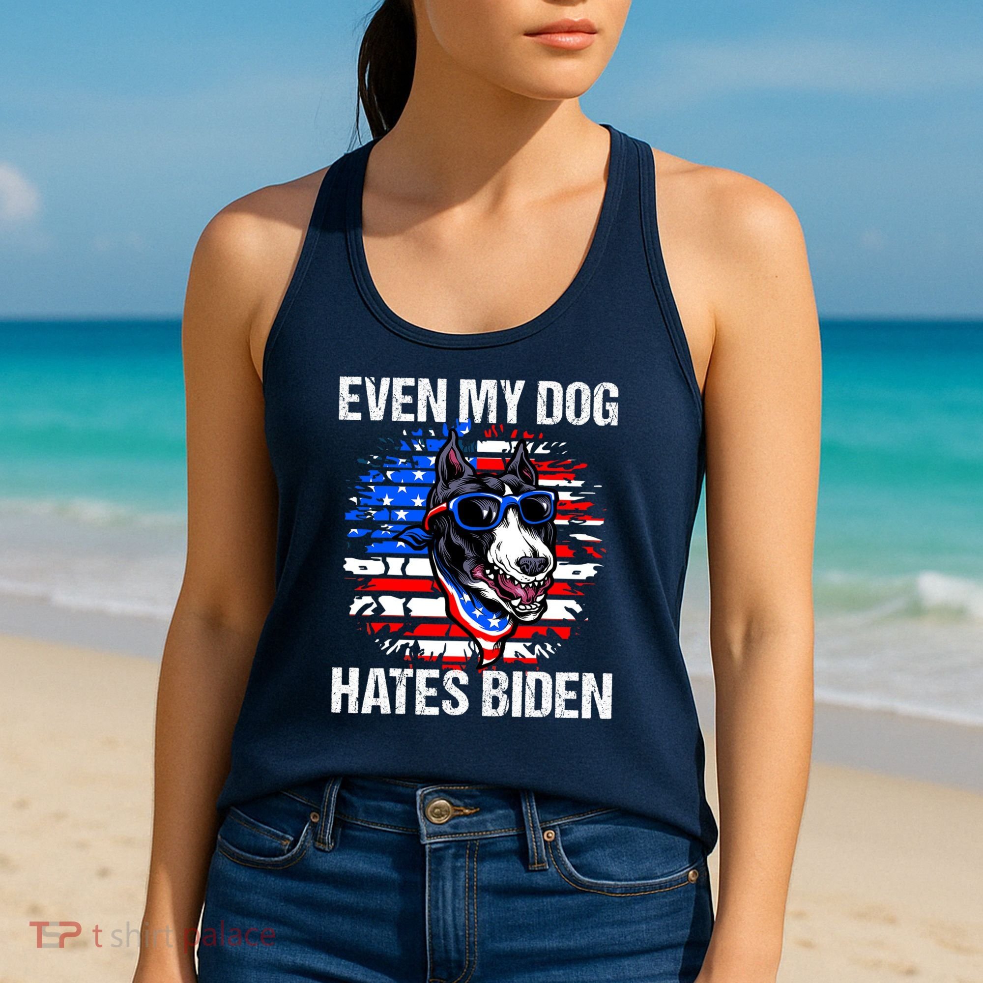 Funny Anti Joe Biden Even My Dog Hates Biden USA Flag Pibble Women's Tank Top