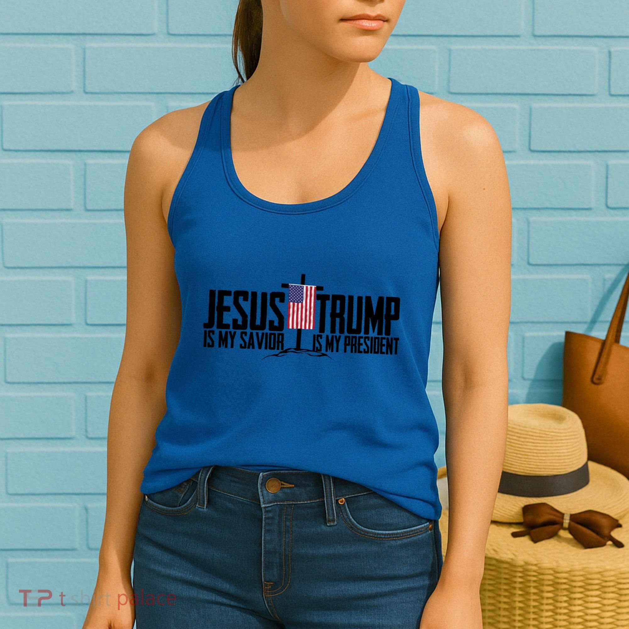 Funny American Jesus Is My Savior Trump Is My President Gift Funny Gift Women's Tank Top