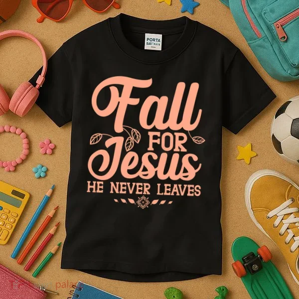 Fall For Jesus He Never Leaves Kids T-Shirt