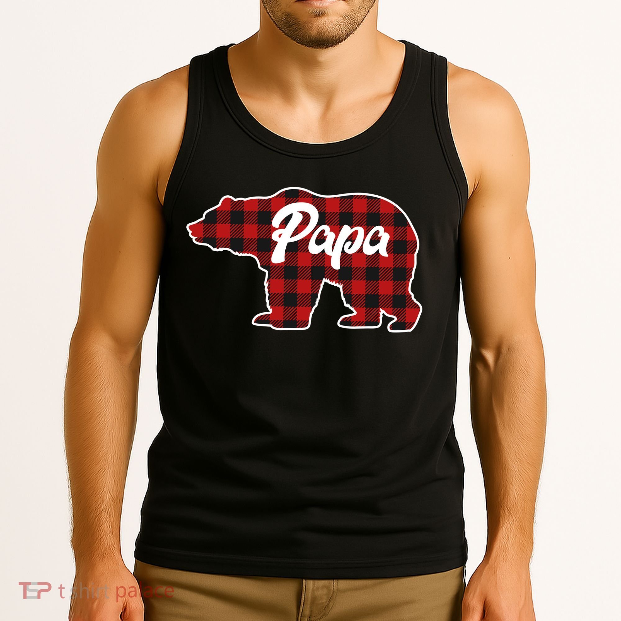 Family Christmas Matching Plaid Papa Bear Tank Top