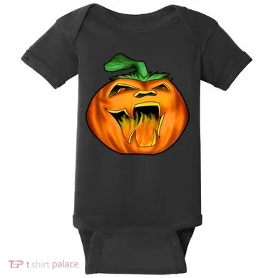 Fanged Fire Jack O' Lantern Pumpkin Halloween Baby Bodysuit