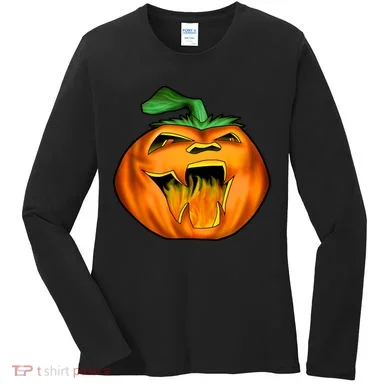 Fanged Fire Jack O' Lantern Pumpkin Halloween Women's Long Sleeve Shirt