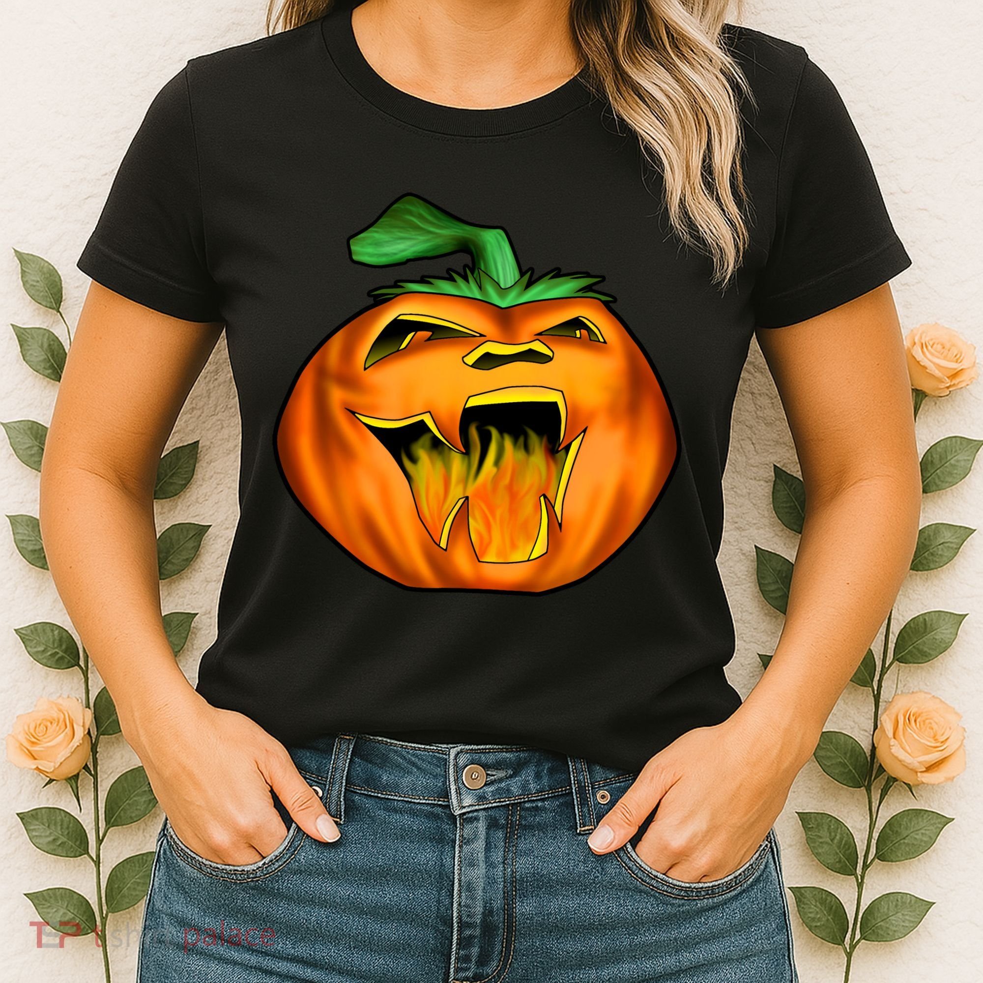 Fanged Fire Jack O' Lantern Pumpkin Halloween Women's T-Shirt