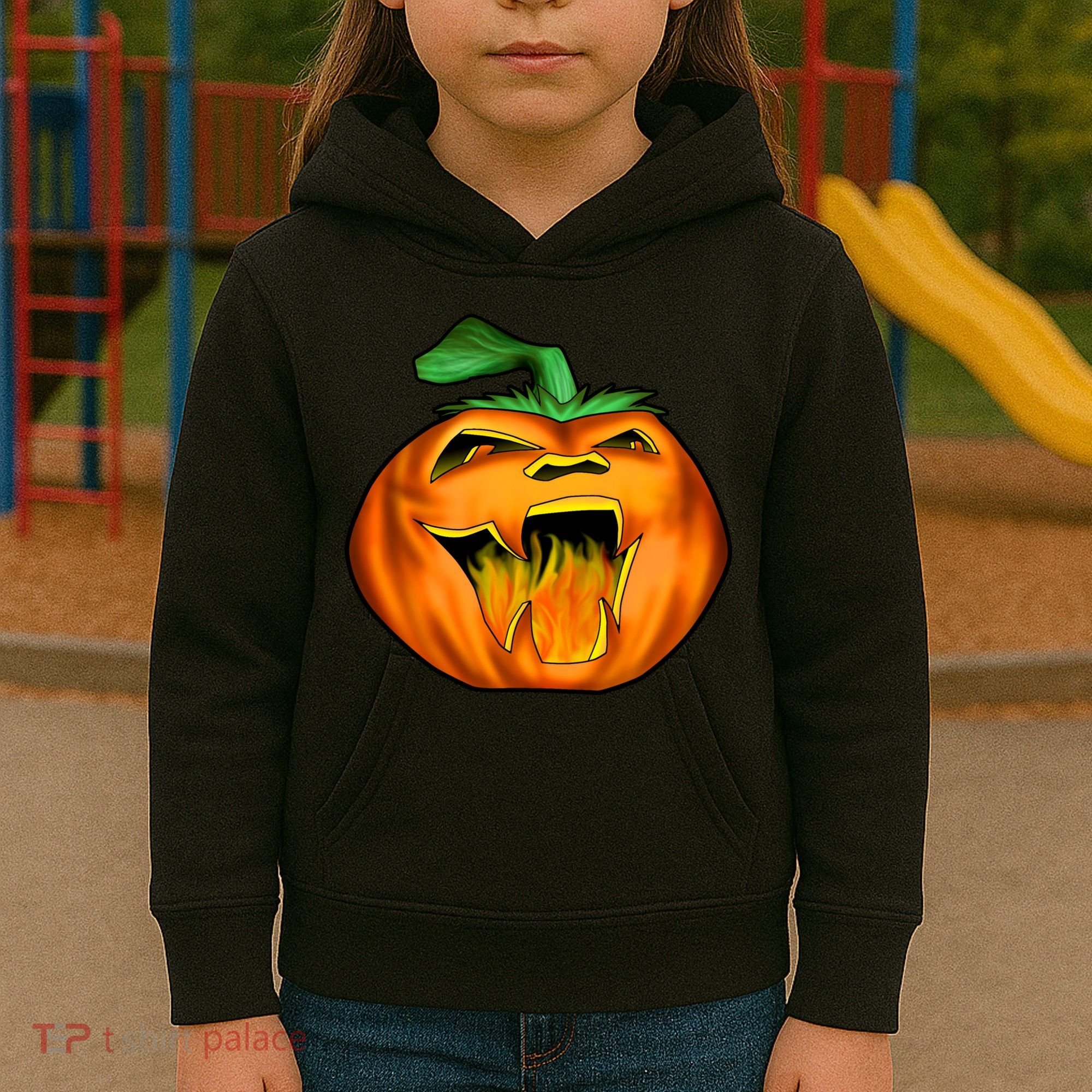 Fanged Fire Jack O' Lantern Pumpkin Halloween Kids Hoodie