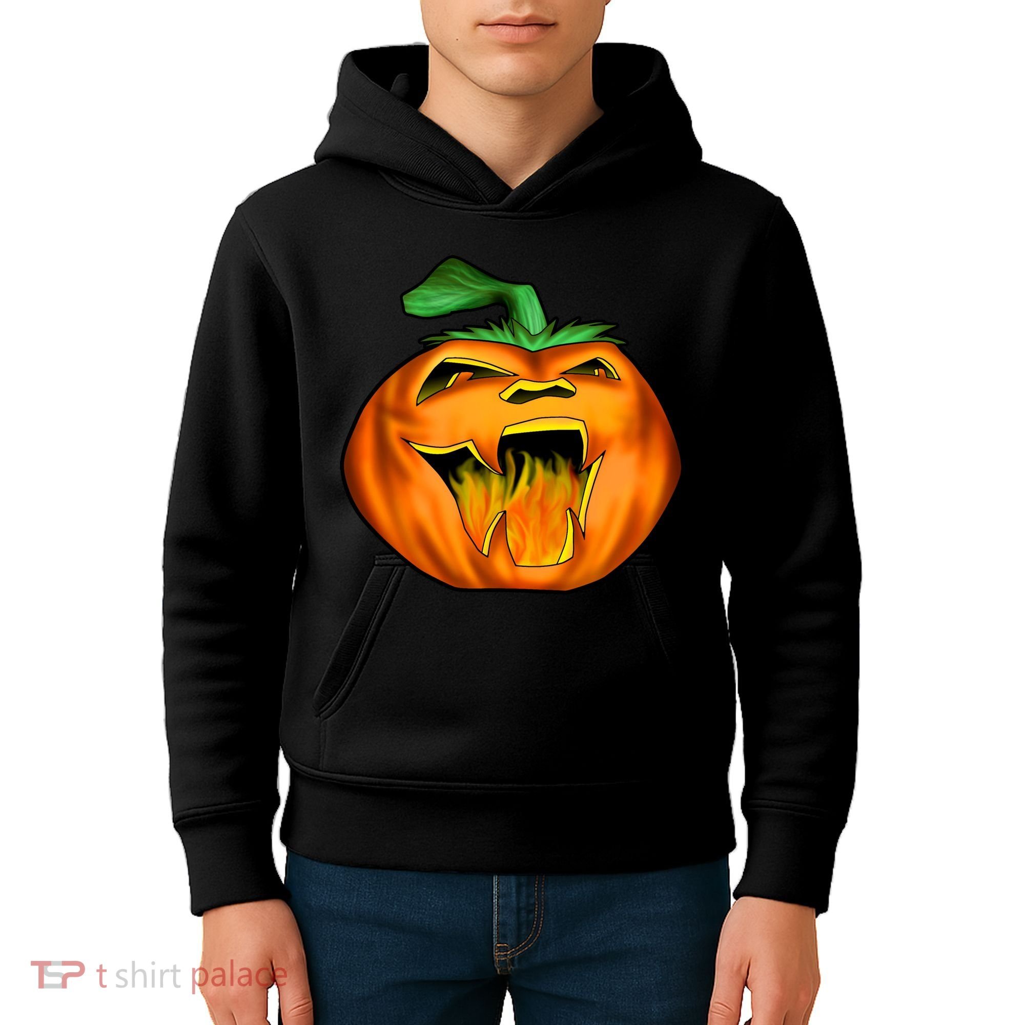 Fanged Fire Jack O' Lantern Pumpkin Halloween Kids Hoodie